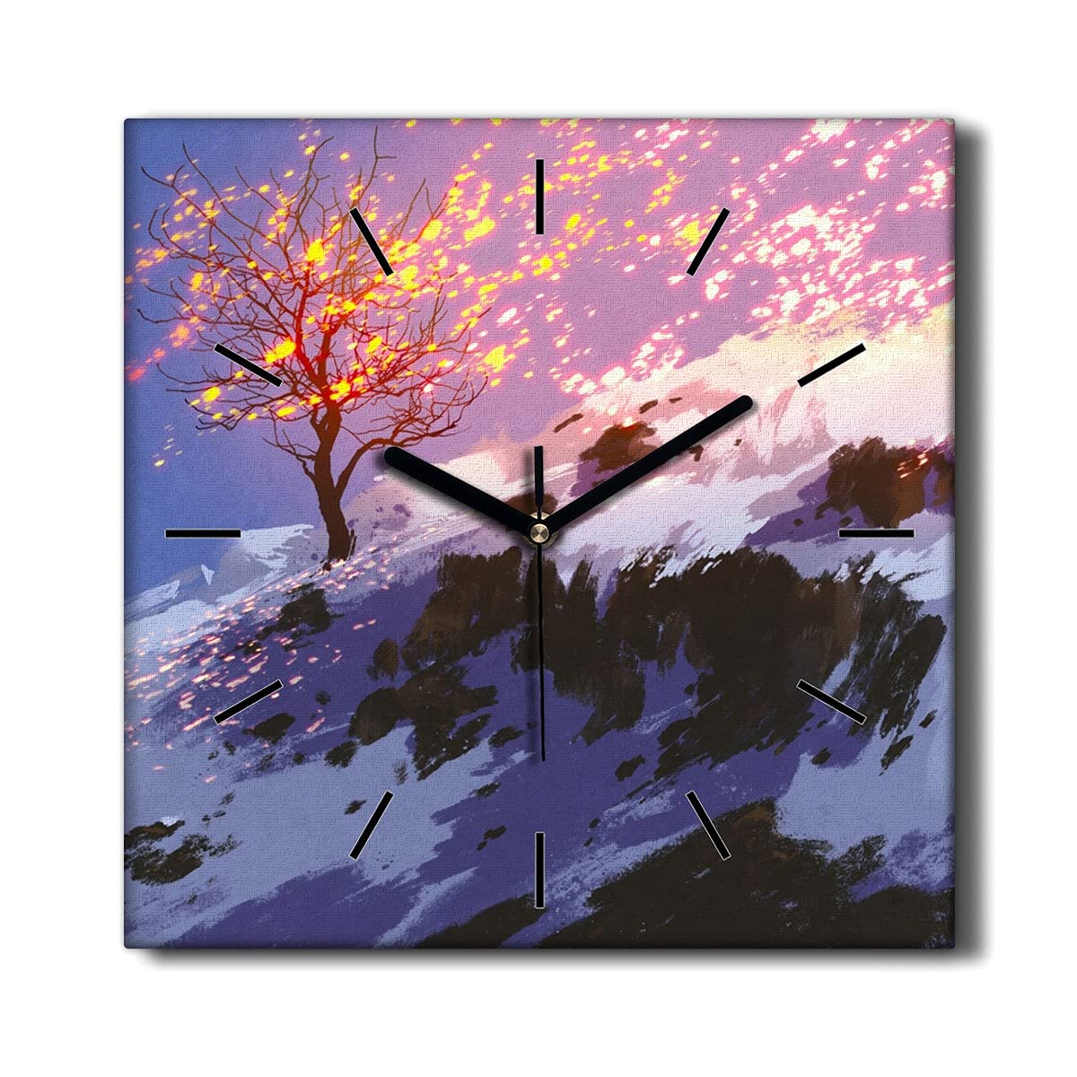 Horloge sur Toile 30x30cm sans tic-tac Montagne Hiver décor mural