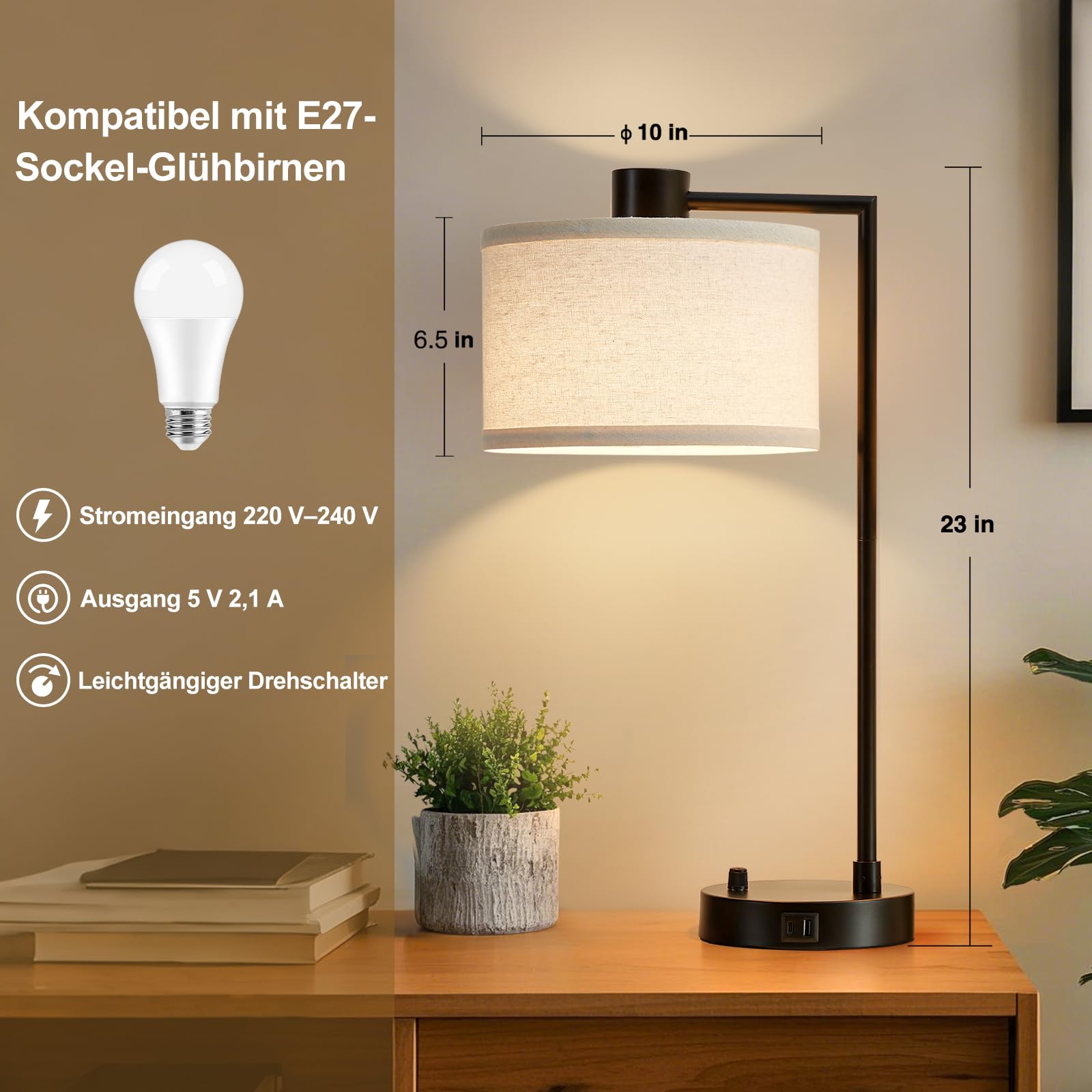 GyroVu Nachttischlampe, Tischlampe mit Ladefunktion USB A+C-Anschlüssen, Stufenlos Dimmbar, Leinen-Lampenschirm, Bedside Lampe für Wohnzimmer Studierzimmer Büro (Glühbirne inklusive)