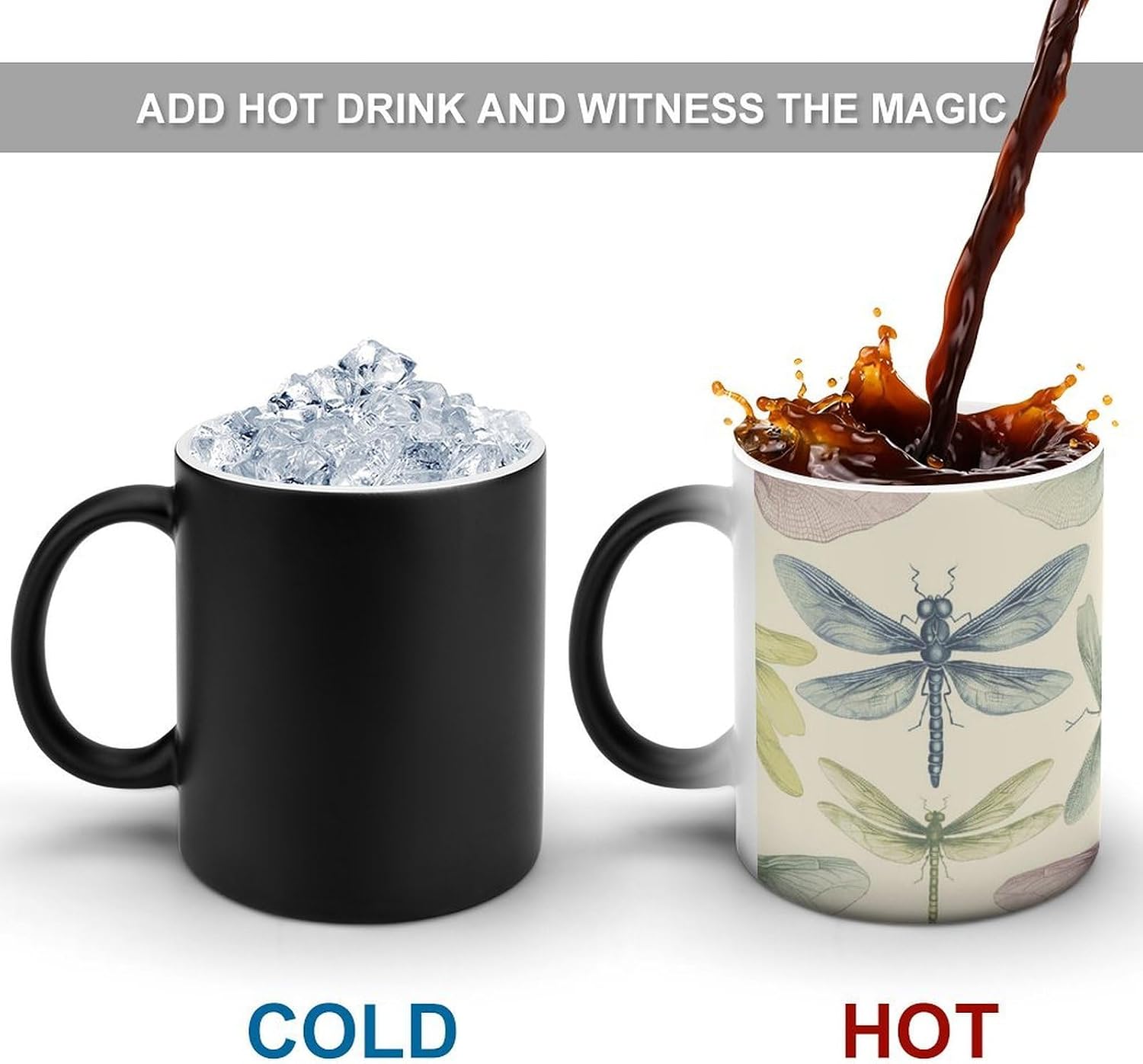 Dragonfly Drawing Mug Personalized Ceramic Discoloration Coffee Mug Heat Sensitive Color Changing Cup Print Large Handle Design Daily Office And Home Use 12 OZ/350 ML image 4