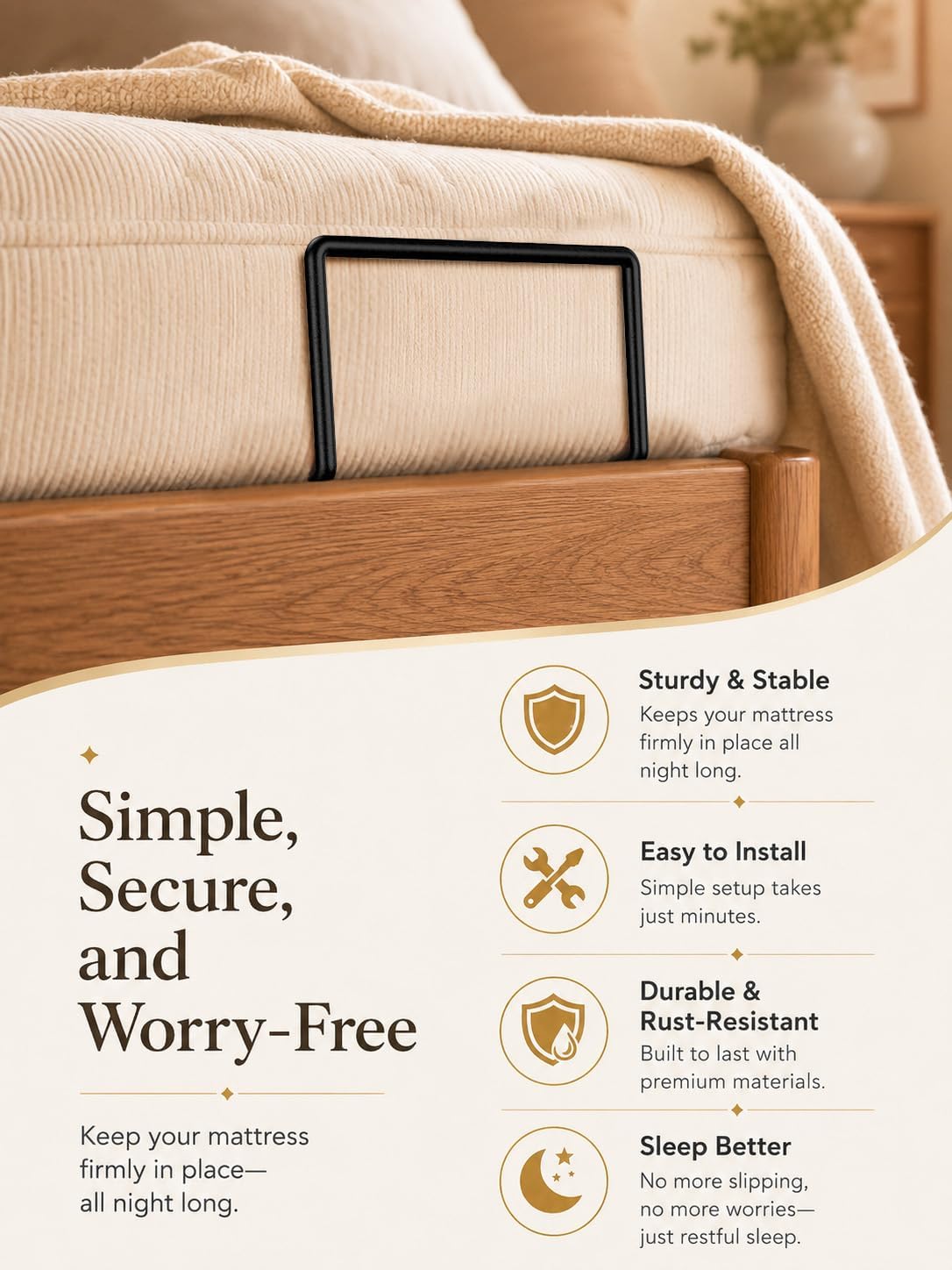 4Pcs Mattress Retainer Bar for Adjustable Bed, 4.2" Tall & 8.7" Wide Mattress Slide Stopper, 5mm Solid Steel Mattress Brackets to Prevent Sliding, Non Slip Mattress Holder for Platform Queen King Bed
