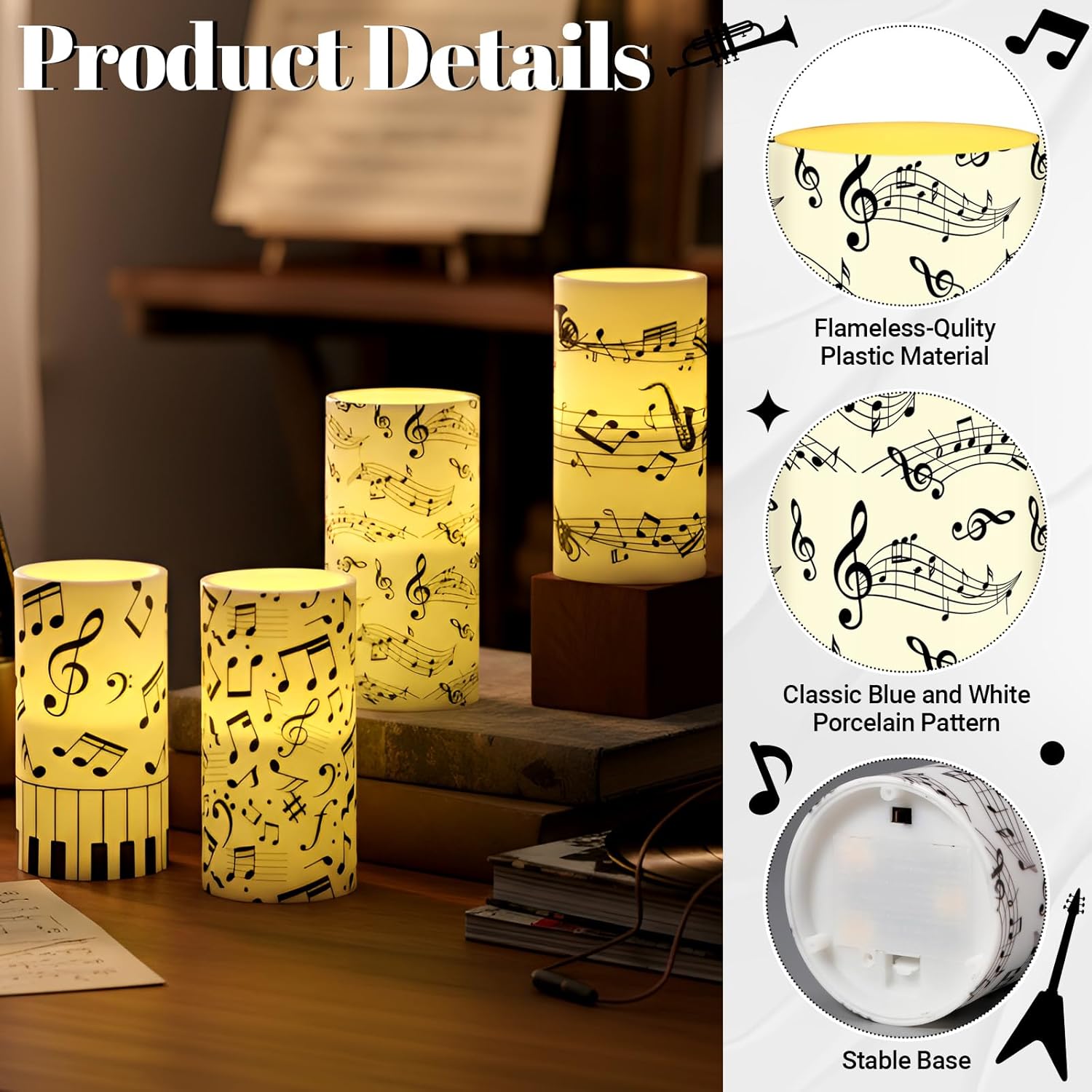 Tiamon 4 Pcs Music Notes and Clef Candles LED Musical Themed Flameless Candles Set Battery Operated with Remote Control LED Pillar Decorations for Party Wedding Birthday Decor