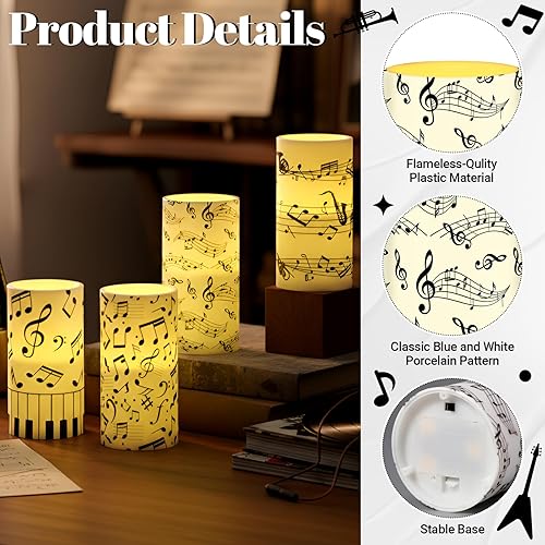 Miniatura 3 de Tiamon Juego de 4 velas LED sin llama con temática musical y velas LED sin llama, funciona con pilas con control remoto, decoraciones de pilar LED