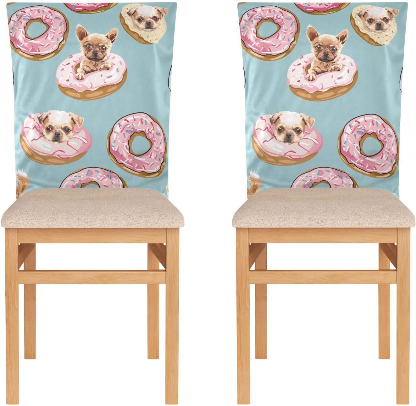 ALAZA Donuts and Cute Dogs Chair Back Cover Set of 6, Washable Reusable Removable Chair Slipcovers Decorative Chair Cover for Home Kitchen Wedding Party