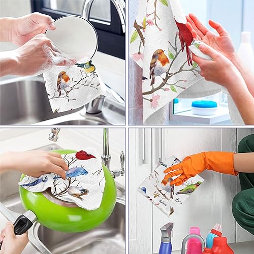 Miniatura 7 de Juego de 4 toallas de cocina con diseño de pájaros, diseño de pájaros en rama, color cardenal, colibrí, azul, toallas de cocina absorbentes para
