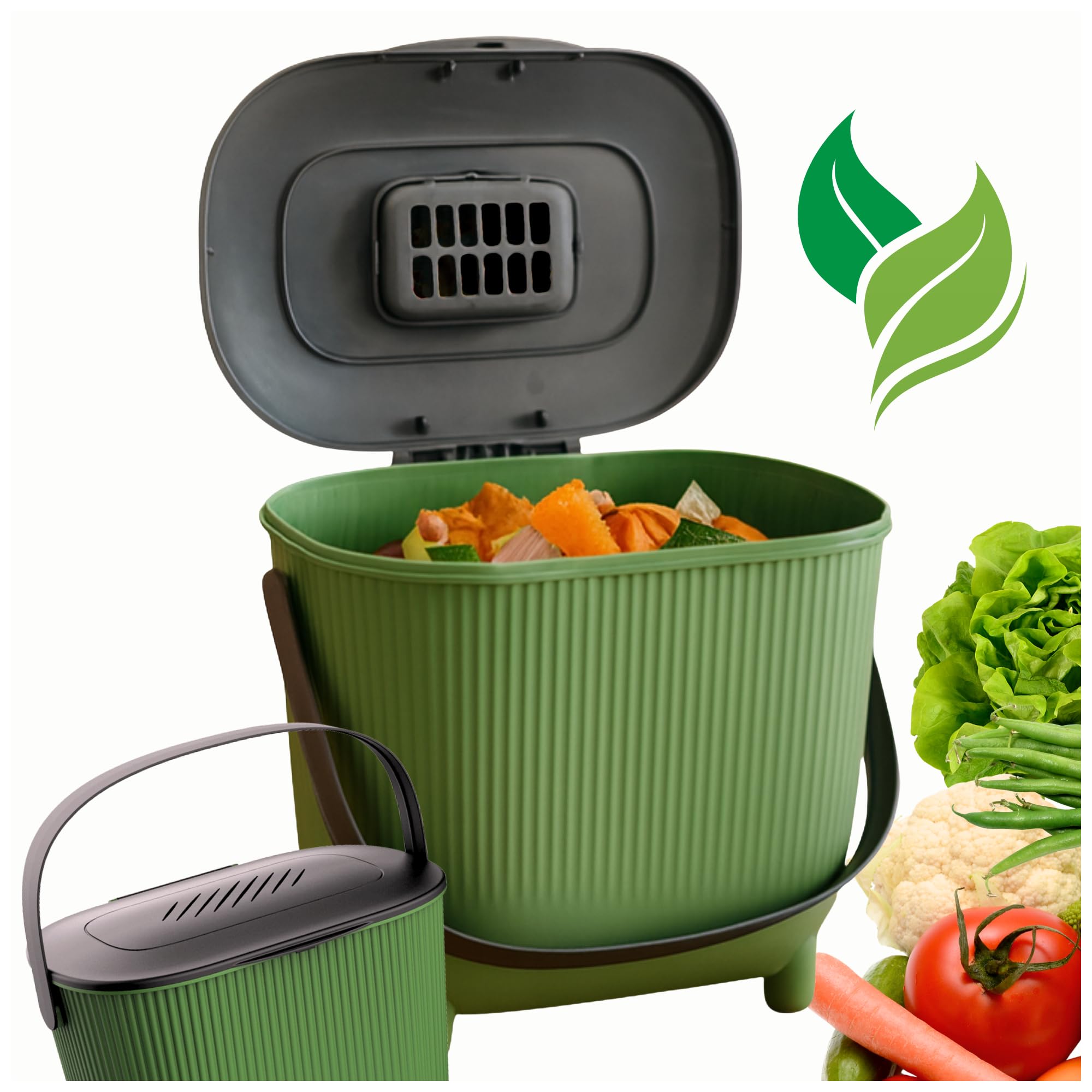 Secchio per compost biologico da 10 l con coperchio, filtro ai carboni attivi e maniglia per il trasporto, salvaspazio e inodore per cucina, riciclabile, verde con coperchio grigio, Kamai Home