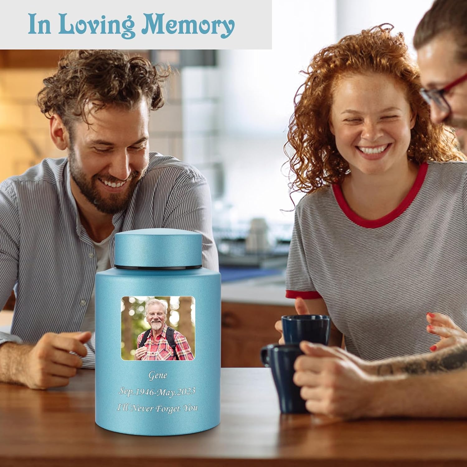 Photo Custom Cremation Urns for Human Ashes, Personalized Funeral Urn Stainless Steel Memorial Urns, 5.9 Inches Medium Decorative Keepsake for Human Ashes - Matt Blue