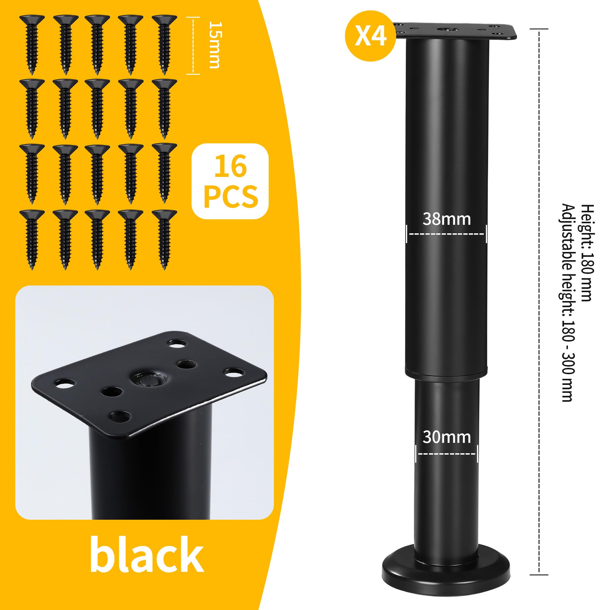 4 Stück verstellbare Möbelfüße, 18-30cm, Metall, Schwarz, geeignet für DIY-Möbelfüße für Schränke, Sofas, Tische, Stühle, TV-Ständer und Nachttische