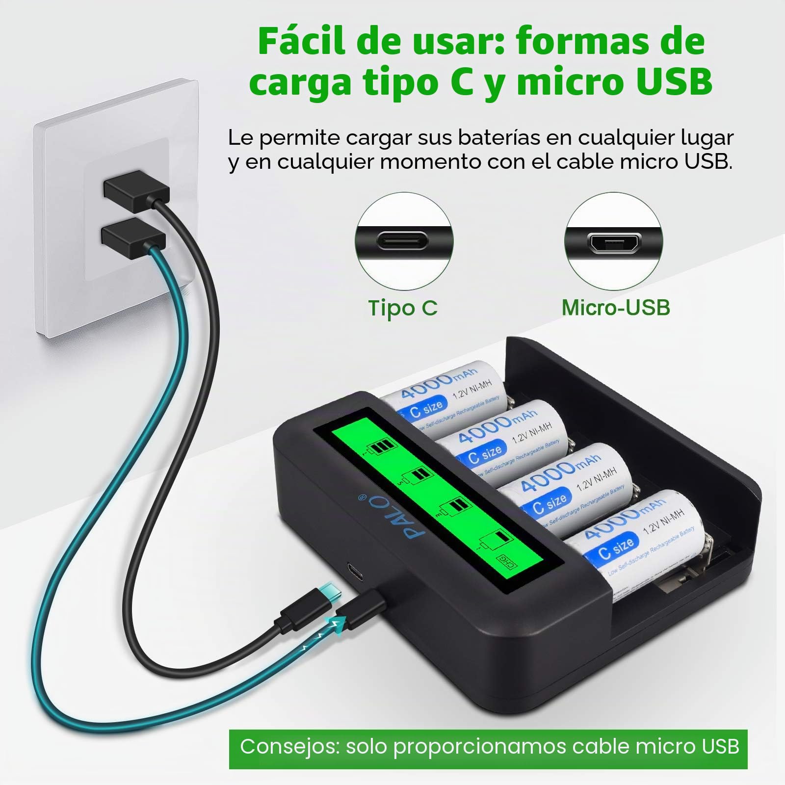 CITYORK Cargador LCD para Baterías AA AAA C D NI-MH/NI-CD - con Batería NI-MH C 4000mAh (4 Piezas)