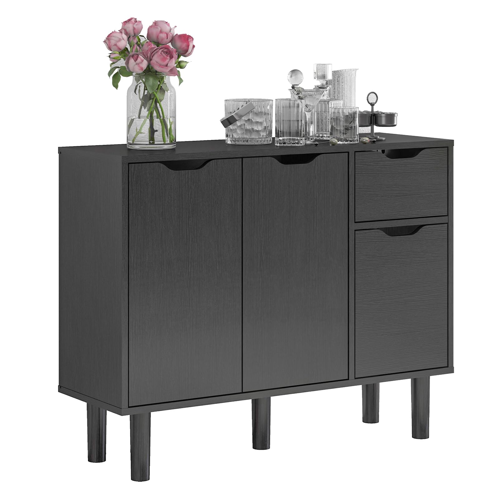 Panana Wooden Sideboard Living Room Office File Cabinet with 2 Doors 2 Drawers Legs 30Dx90Wx71H cm (Black)