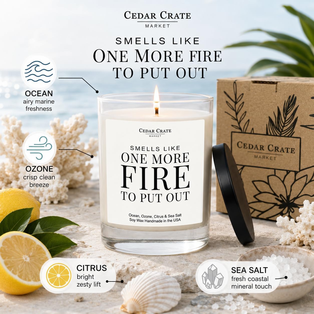 Employee Appreciation Gifts - Smells Like One More Fire to Put Out Candle - Funny Thank You Gift for Coworker, Boss, Manager, Work Team - Ocean & Sea Salt Soy Candle 13.5 oz