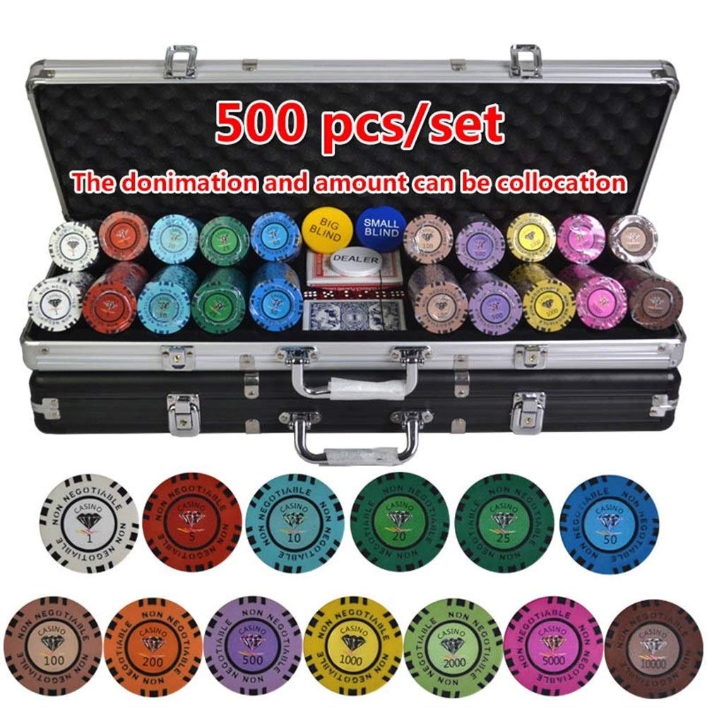 TX GIRL 100-500pcs / Set Casino Poker Chips Conjunto con Caja De Metal Y Distribuidor Y Dados Y Mantel Y Cartas Poker 13,5 G/Pc Diamond Poker Chips Establece La Arcilla (Color : 500pcs Silver Box)