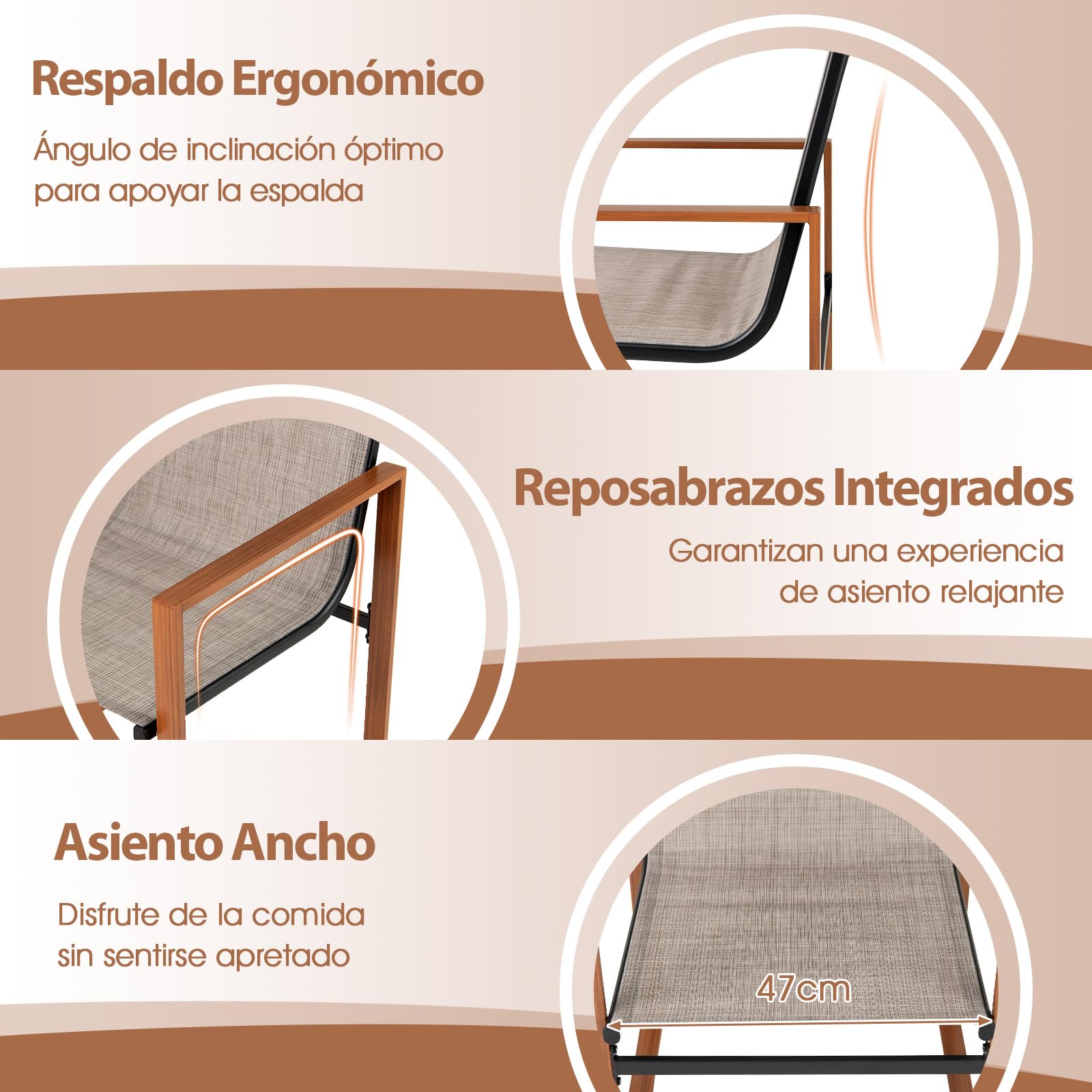 COSTWAY 2 Sillas Jardin Exterior Textilene, Sillas Terraza Exterior Asiento y Respaldo Transpirable, Estructura de Metal, Reposabrazos Anchos, 59 x 55,5 x 86 cm (café)