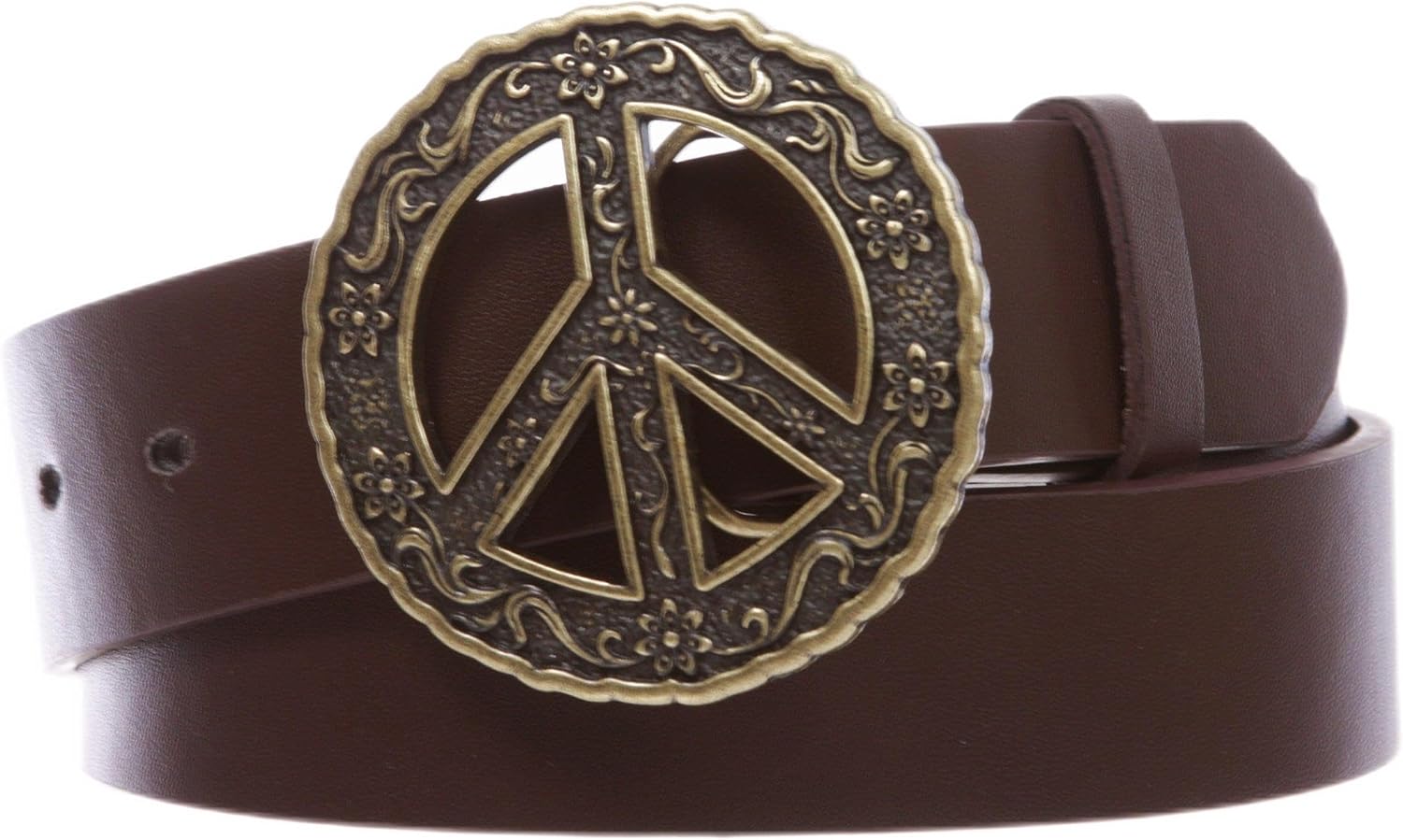 1 1/2" Snap On Belt With Round Perforated Floral Engraving Peace Sign Belt Buckle