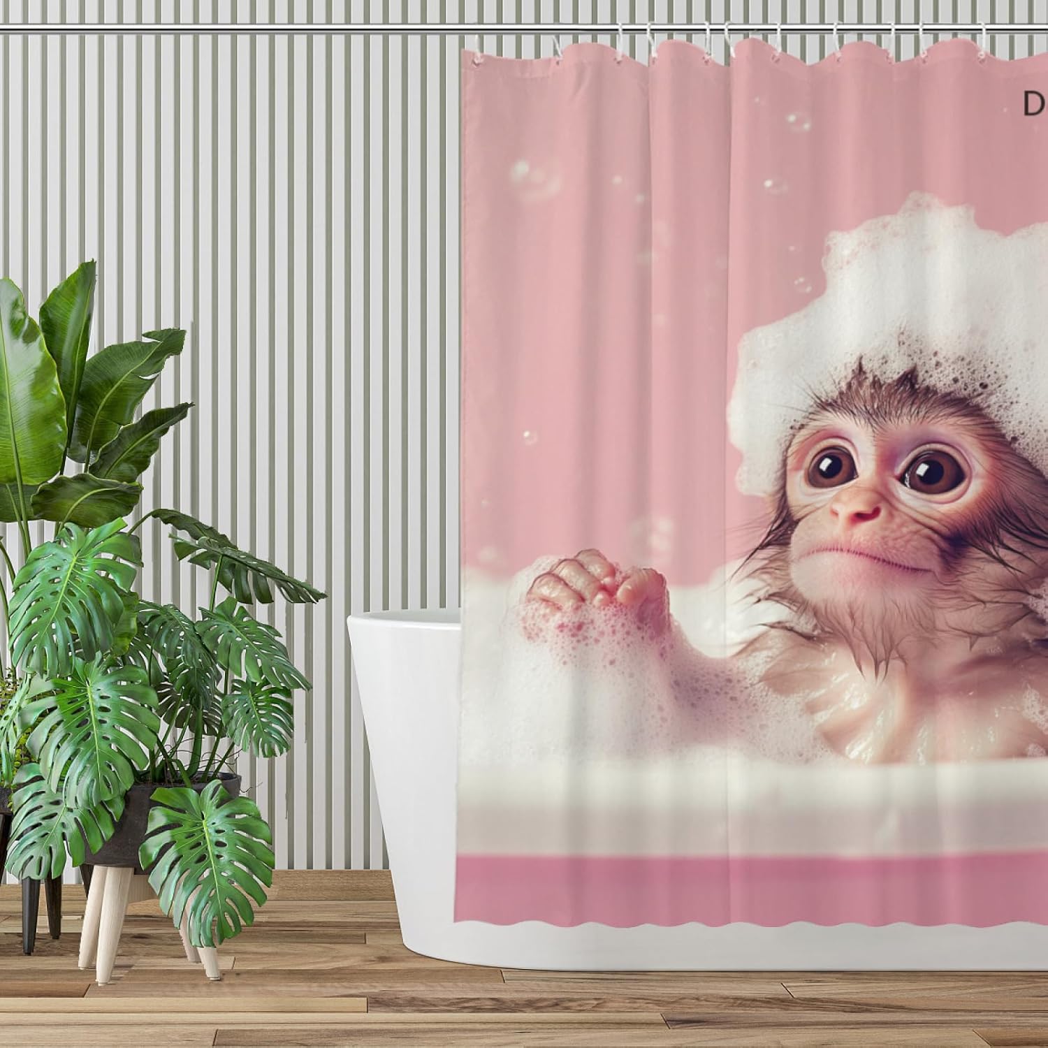 NGZ Monkey Pink Shower Curtain, Cute Monkey with Soap Bubble, Pink Shower Curtain Set with 12 Hooks for Spring Summer Bathroom Decor, 72X72inch