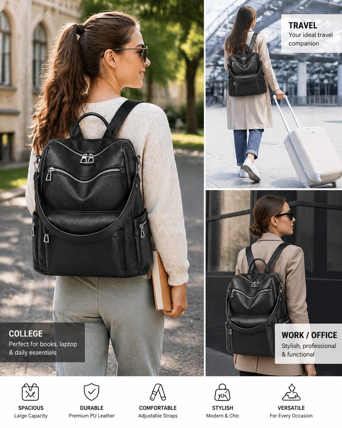 Craftwood Leather Backpack for Women | Large Capacity | College and Office use | PU Leather | shoulder bag for Ladies, Black