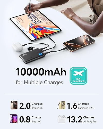 Miniatura 5 de INIU Cargador portátil, ultra delgado de 45 W de carga rápida con cable USB C conectado, seguro para vuelos de 10000 mAh, batería de banco de