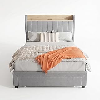 Upholstered Platform Bed Frame with Storage, Twin Size Bed Frame with Headboard & Drawers, Charging Station (2 USB Ports & AC Outlets), Noise-Free, Wooden Slats, No Box Spring Needed