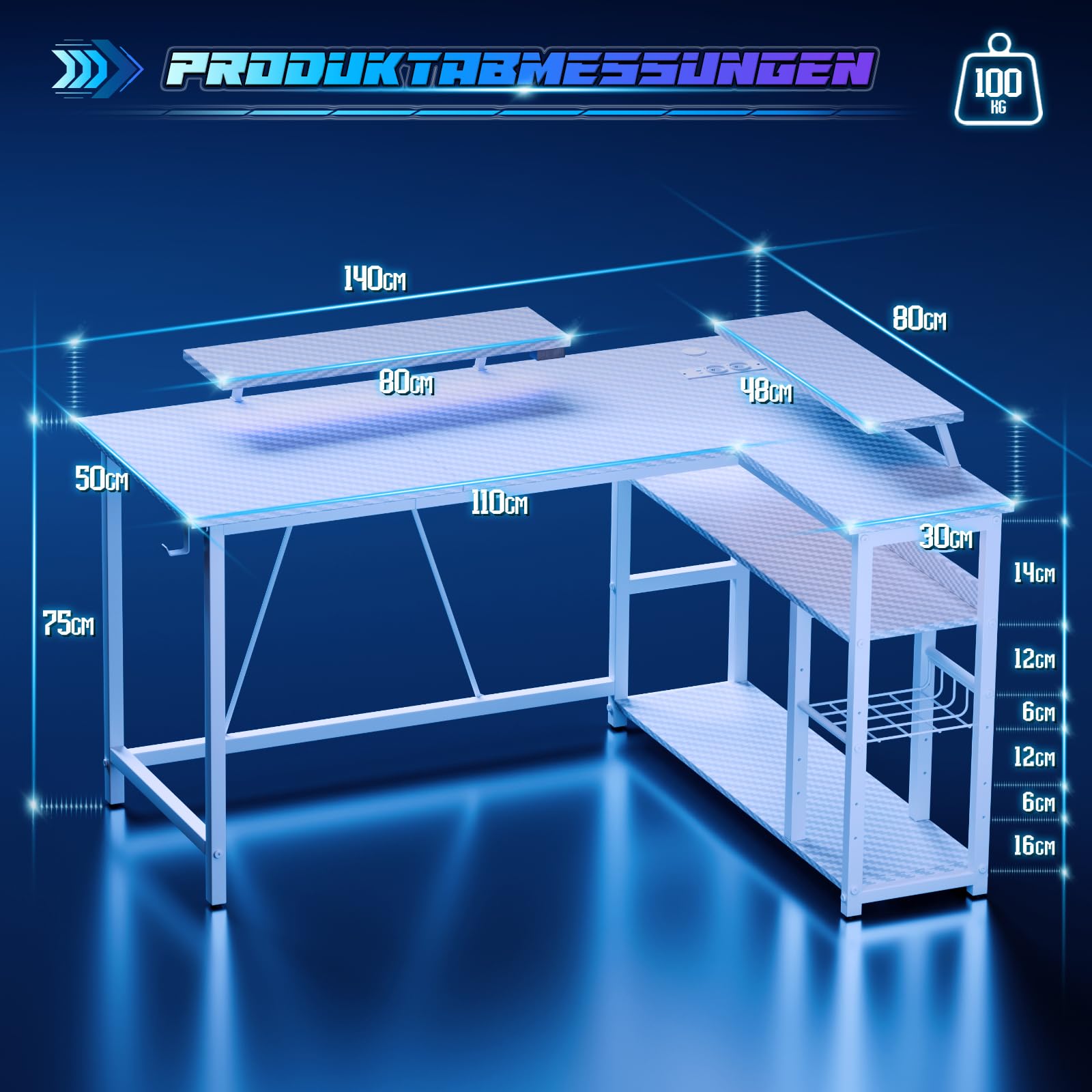 Devoko Gaming-Schreibtisch Ecke 140x80cm mit Doppel-Monitorhalterung, LED-Beleuchtung, höhenverstellbarer Ablage & Carbon-Optik Weiß