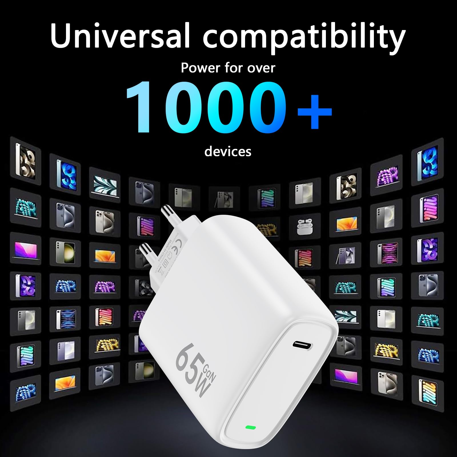 65W Caricatore USB-C GaN+, PPS/PD Ricarica veloce Alimentatore Per Samsung S24/S23,iPhone 16/15,Google Pixel 9/8, iPad Pro,MacBook Pro/Air,HP,Dell e molto più dispositivi Type-C.con 1.8M Cavo 