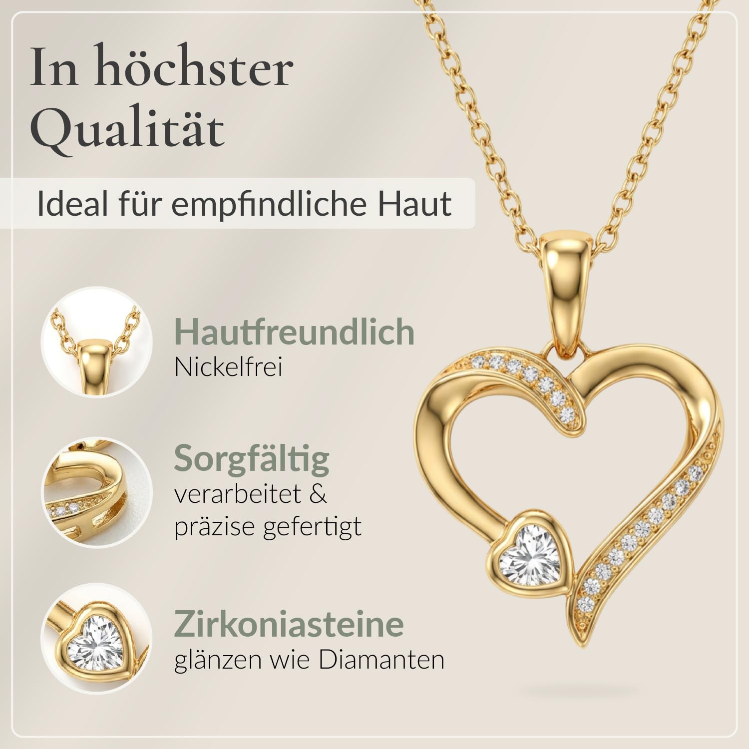 Hannah's Treasures Herzkette mit Zirkonia-Stein aus 925er Silber, 45 cm – auch mit Vergoldung in Gelbgold und Roségold - Silberkette mit Herzanhänger für Frauen