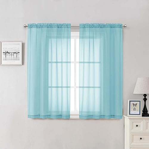 Lecloud 2 cortinas traslúcidas color aguamarina para dormitorio de 54 pulgadas de largo, cortinas de ventana de color sólido con bolsillos para