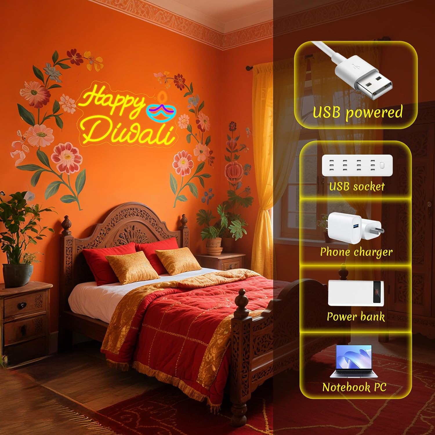 Happy Diwali Neon Sign, Diwali Decorations for Home, Indian Festival Decor Light up Sign, Dimmable LED Neon Lights for Wall Room Bedroom Decor (Diwali)