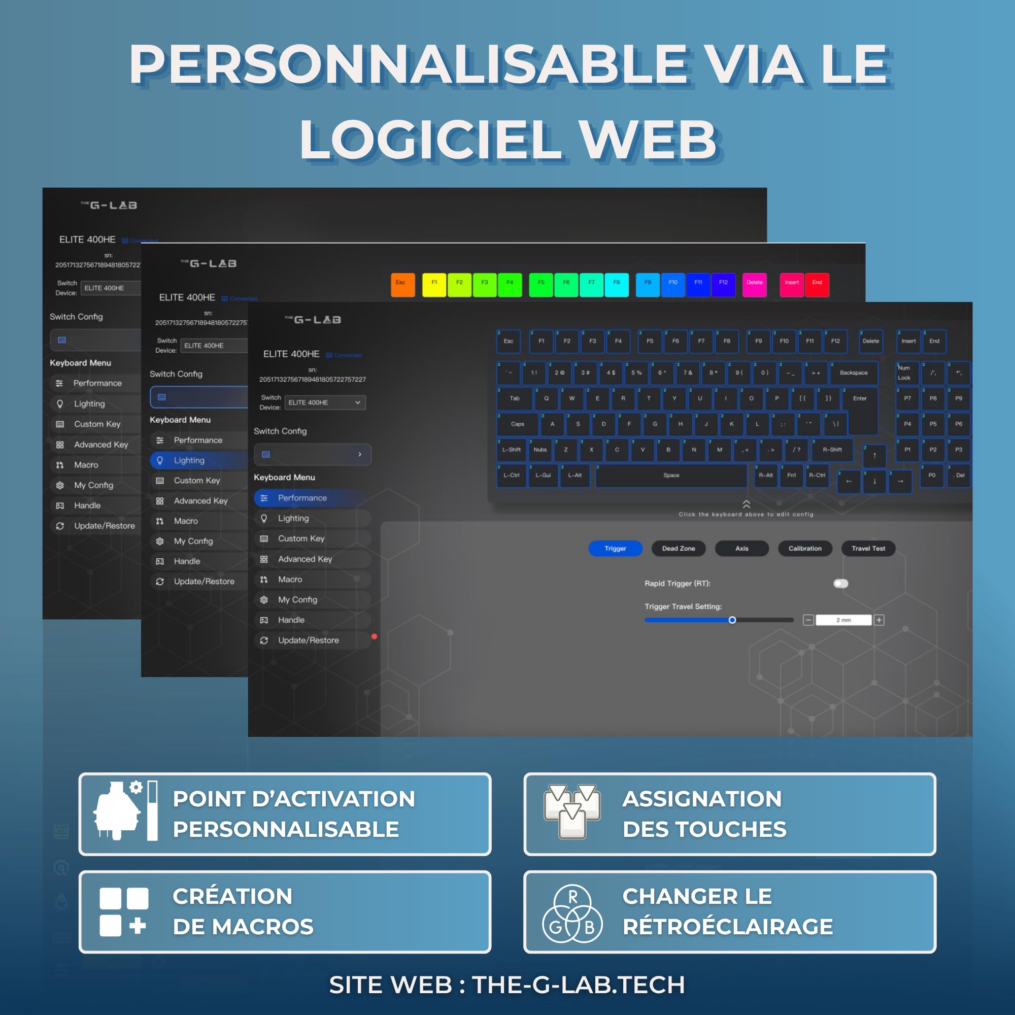 The G-Lab - KEYZ Elite 300 HE Black- Clavier Gamer Magnétique Hall Effect 75% USB AZERTY, 8000 Hz Rapid Trigger, Activation Réglable 0,01 mm, PBT- Hot Swap, RGB & Macros Custom - Windows/Mac