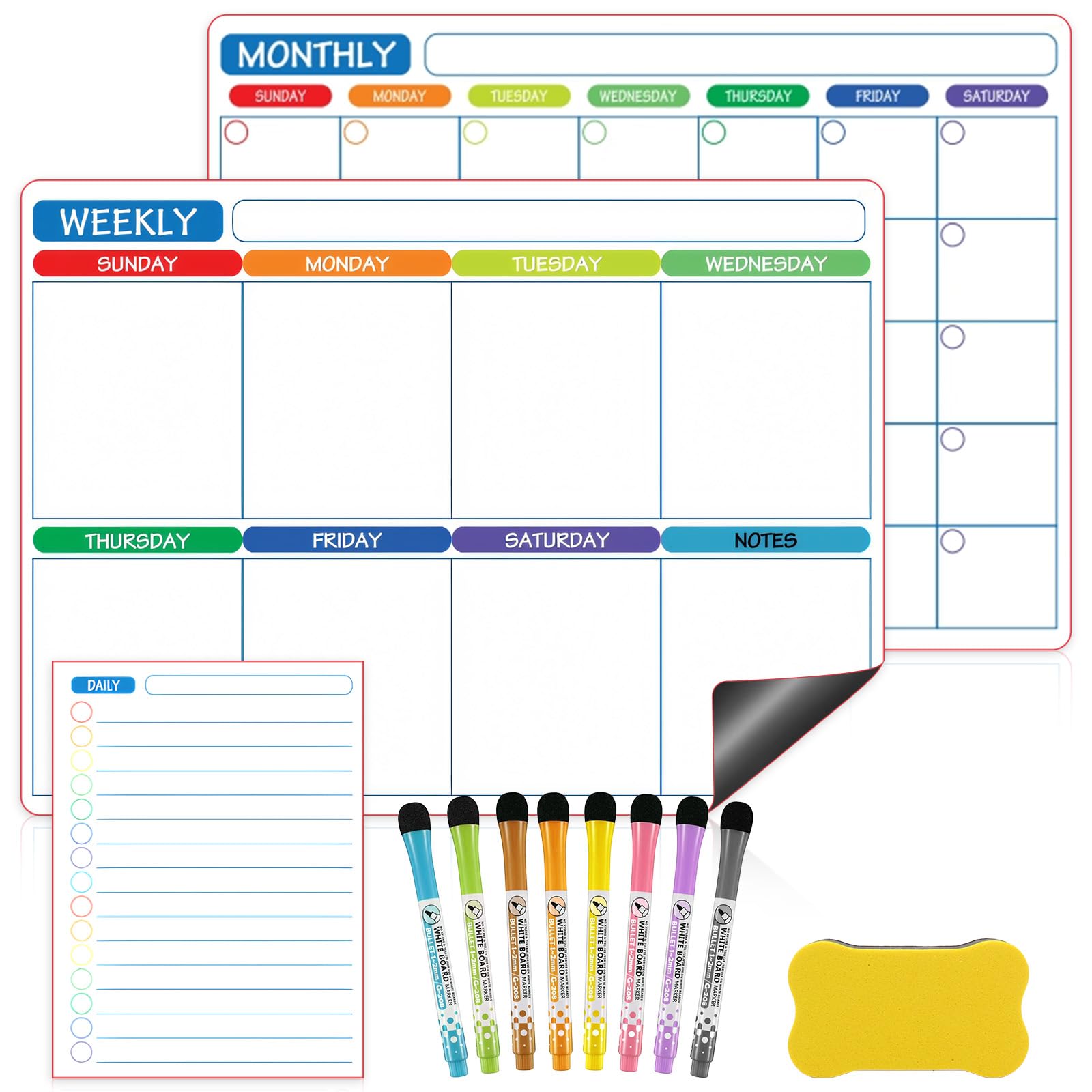 3 Pack Magnetic Calendar Planner for Fridge with 8 Markers & Eraser, Dry Erase Monthly, Weekly & Daily Planners Whiteboard, Reusable Schedule Organiser Board for Family, Office, Classroom (3042 cm)