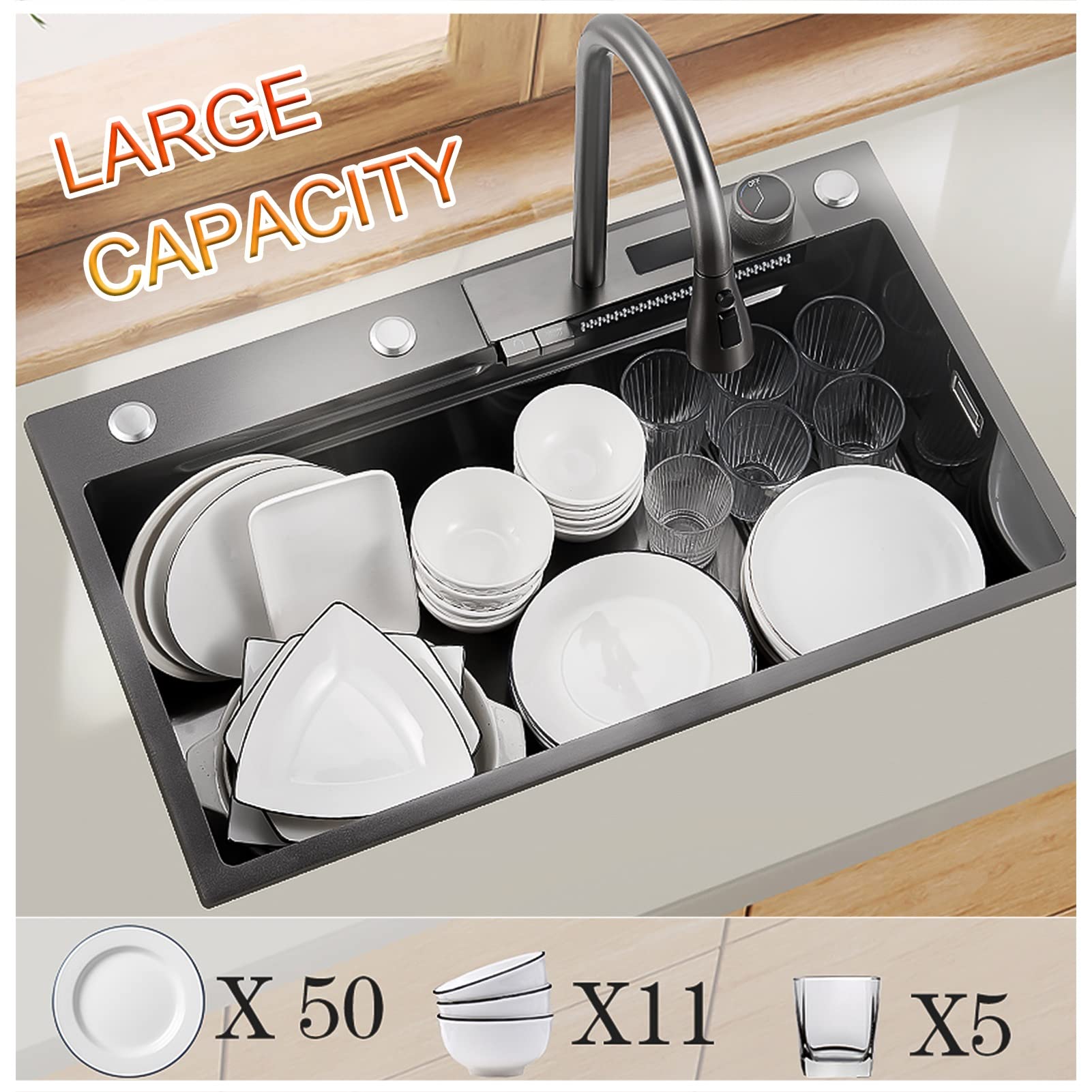 Fregadero De Barra De Cocina Gris Negro Con Grifo De Cascada, Lavabo De Acero, Tabla De Cortar, Drenaje Y Kits De Instalación, Fregadero De Cocina Grande De Un Solo Tazón ( S : 75cm-A3 )