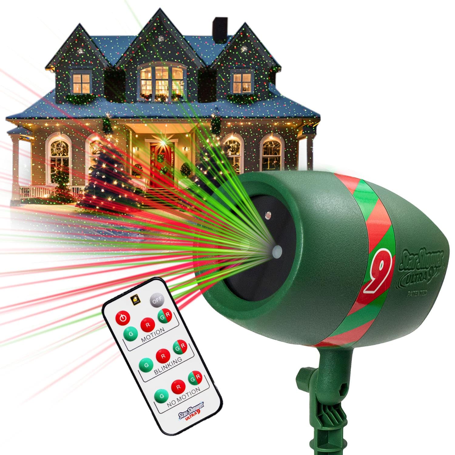 Star Shower Ultra 9 Outdoor Laser Light Show with Remote, AS SEEN ON TV, New 9 Unique Patterns, Showers Home w/Thousands of Lights, 3 Color Combinations, Motion or Still, Up to 3200 Sq Ft