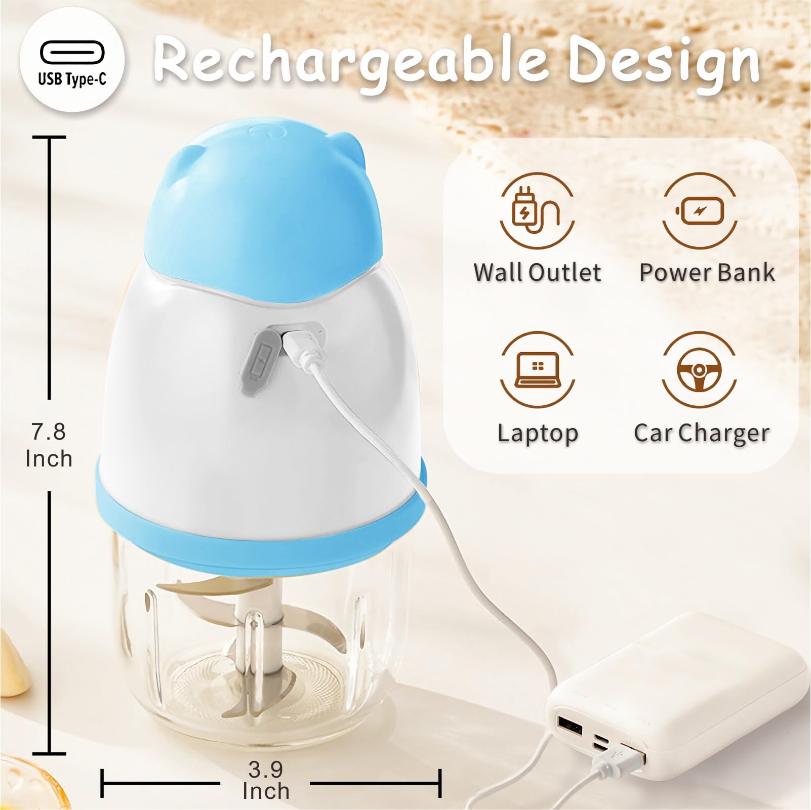 Máquina de alimentos para bebés, procesador de alimentos inalámbrico, licuadora de puré con cuenco de vidrio de 11.8 fl oz y 6 cuchillas afiladas, pequeño cortador inalámbrico para hacer puré de bebé 3