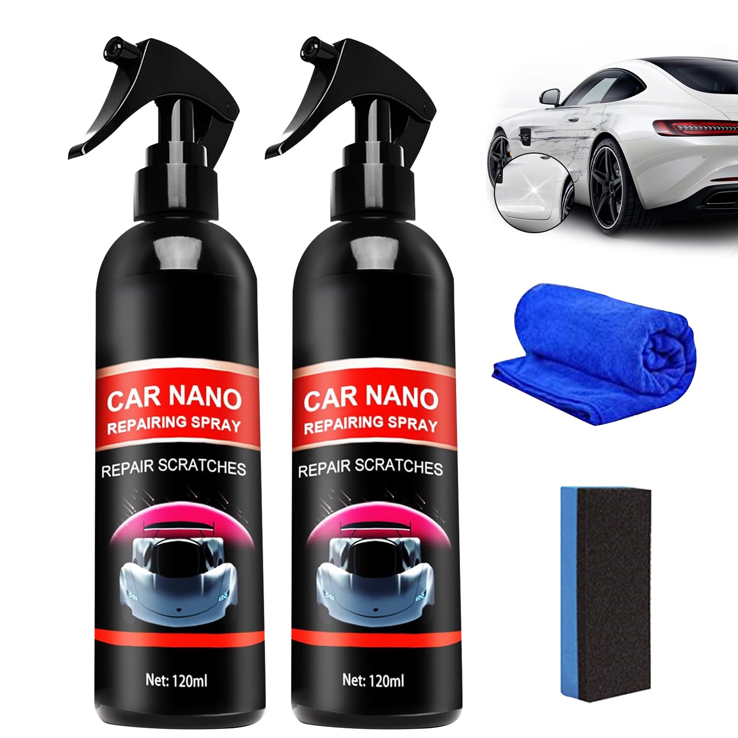 2 Pcs Nurafix Nano Car Spray, Nurafix Nano Scratch Remover, Nurafix Scratch Fix Polish Spray for Cars, Car Nano Repairing Spray for Auto Detailing Glasscoat Car Polish Wax (with Wipe & Sponge)