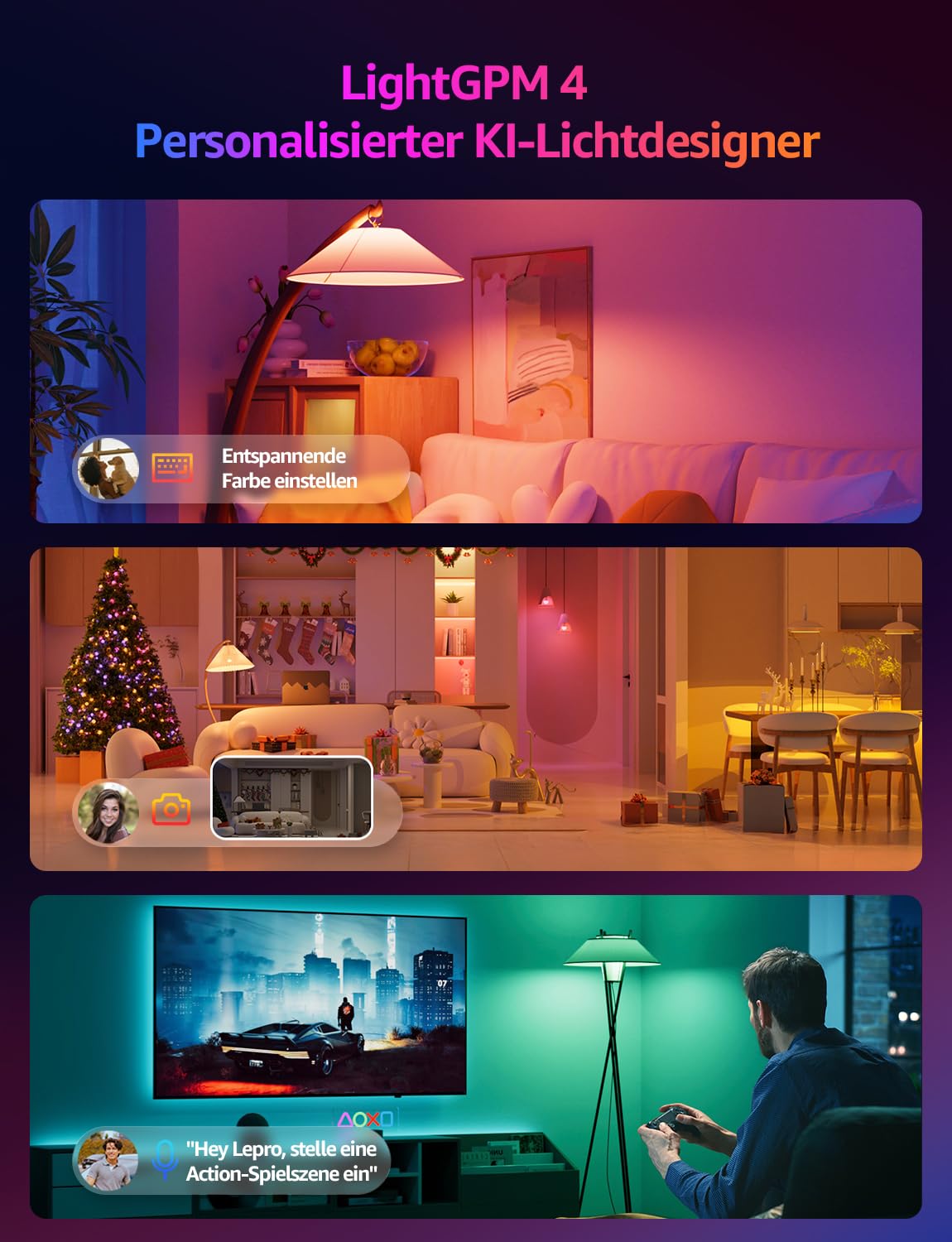 Lepro Smart E14 LED BP1 G45, Personalisierter KI-Lichtdesigner, 4.9W 470LM RGB+CCT, Dimmbar, Kompatibel mit Alexa/Google, Musik Sync, WiFi & Bluetooth, KI-Ambientebeleuchtung, 4er Pack