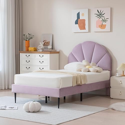 Miniatura 11 de VELOCAVA Marco de cama individual con cabecera de concha marina, marco de cama plataforma tapizado en terciopelo con soporte de listones de madera,