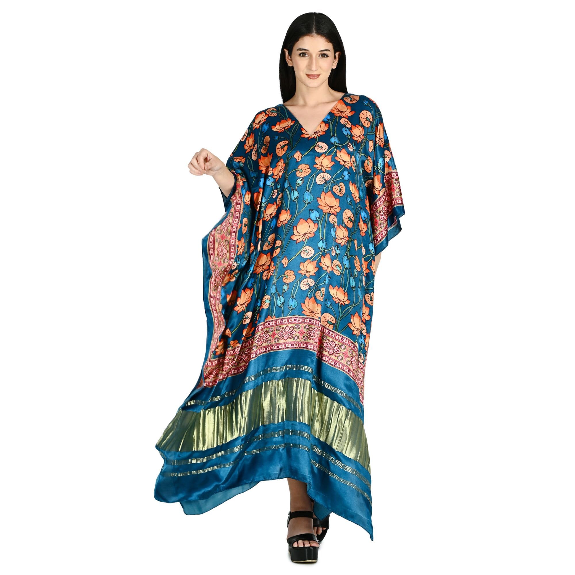 Women's Lotus Blossom Kaftan | Silk Fabric | Floral Pattern | Everyday Use, Teal-image-26