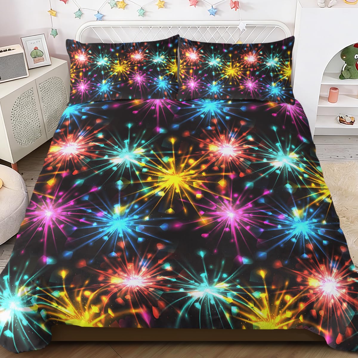 BlessLiving Fireworks Print 3-Piece Bedding Duvet Cover Set Double - Colorful and Fun Holiday Quilt Cover - Zipper Closure Festival Print (1 Duvet Cover & 2 Pillowcases)