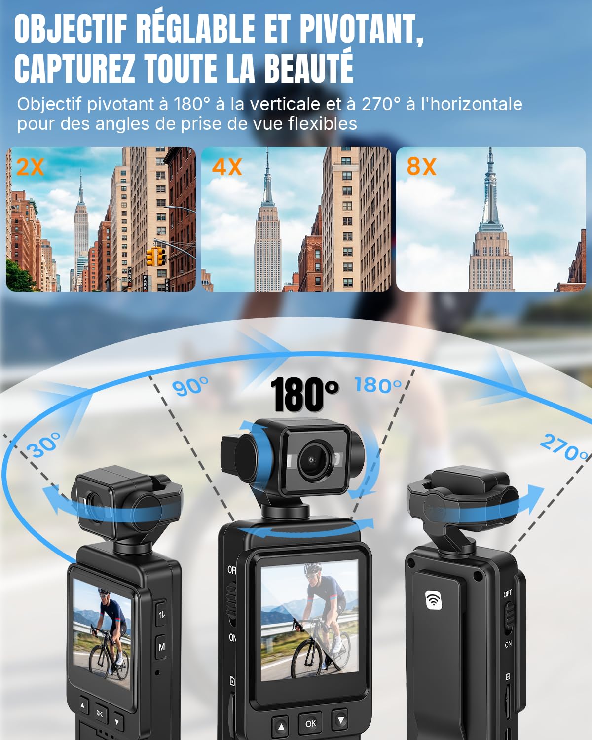 Caméra Corporelle 4K, Mini Caméra Sport avec Objectif Rotatif 270°, WiFi Portable Body Camera Pocket Vlog Camera de Corps pour Sport, Vélo, Voyage
