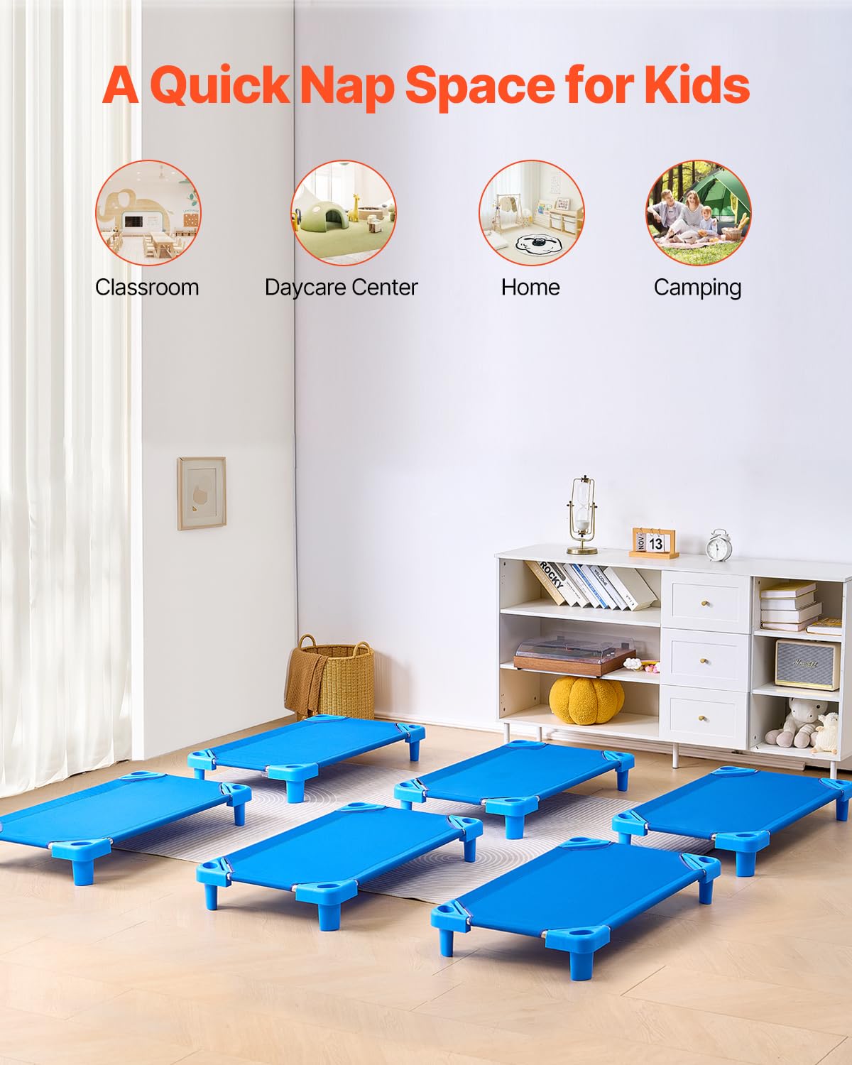 VEVOR Lettino Impilabile per Bambini 102 x 57 cm Lettini Portatili per Pisolino dei Più Piccoli, 6 Pezzi, Dimensioni Standard, Lettini per Asili Nido per Bambini, Letti per Asili Nido per Dormire, Blu