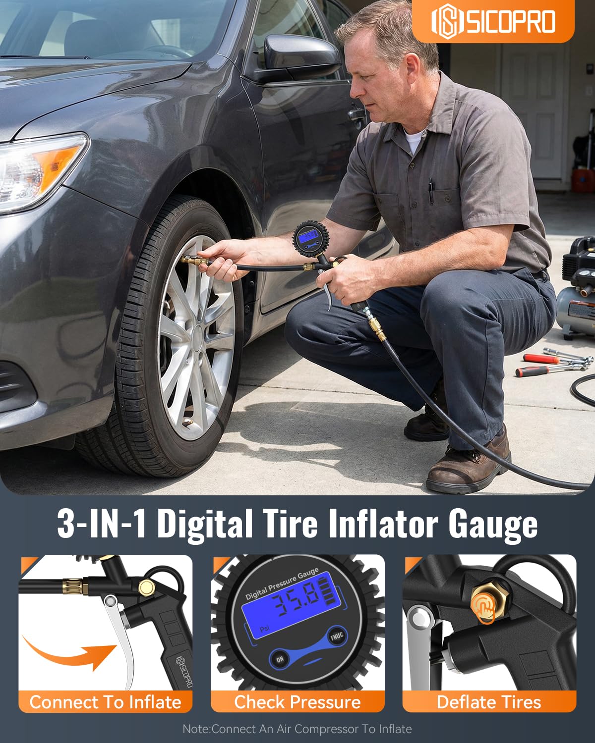 Digital Tire Pressure Gauge with Inflator, T500 Air Compressor Attachments, Heavy Duty Air Chuck with Rubber Hose and Quick Connect Coupler