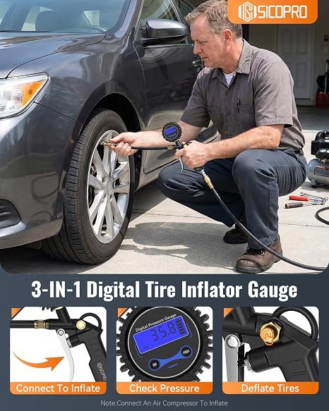 Digital Tire Pressure Gauge with Inflator, T500 Air Compressor Attachments, Heavy Duty Air Chuck with Rubber Hose and Quick Connect Coupler