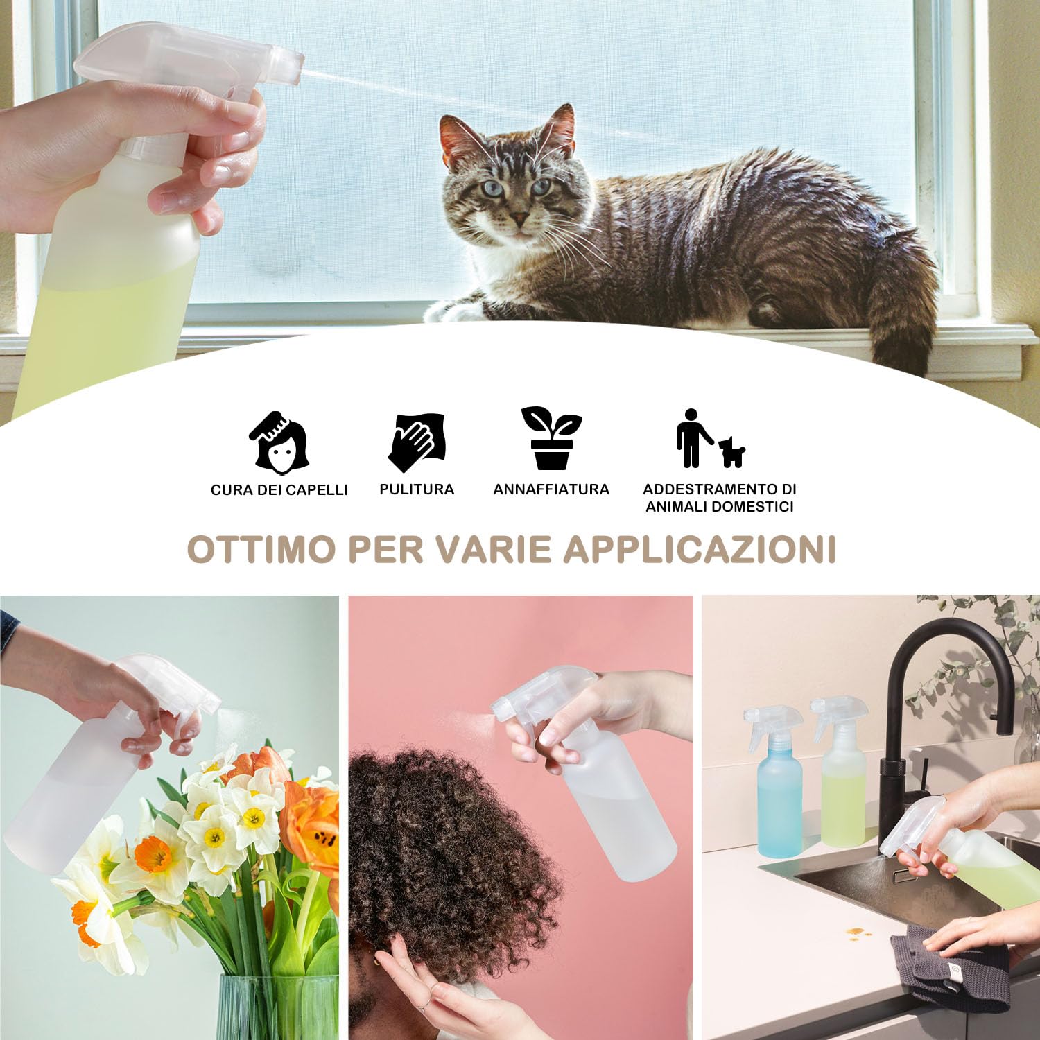 VEXPLO spruzzino per capelli ricci, spruzzino acqua per piante la pulizia capelli Animali, Regolabile Mist/Stream, bottiglia spray piccola in Plastica Senza BPA da 300ml, Confezione da 2 - 4