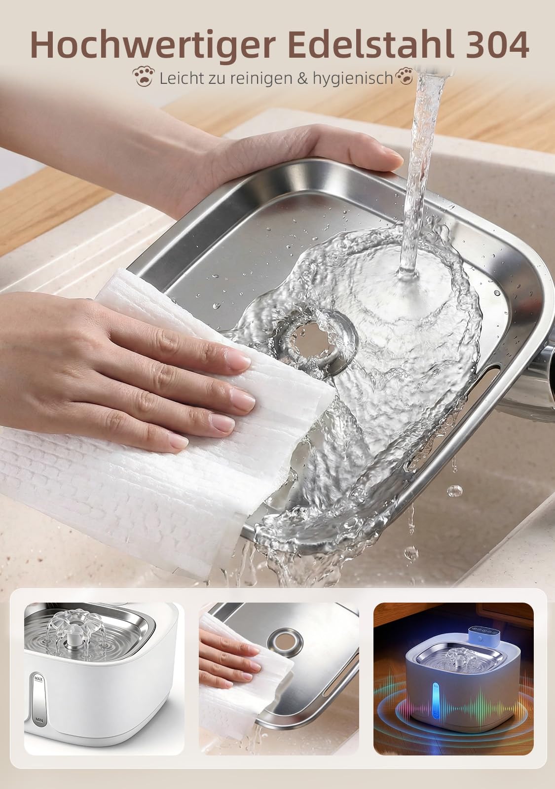 Katzenbrunnen Kabellos mit Bewegungsmelder 3.2L, 4000mAh Akku Trinkbrunnen für Katzen Edelstahl, Ultra-Leise Pumpe, Automatischer Wasserspender Katze, Hundetrinkbrunnen Filter, Weiß