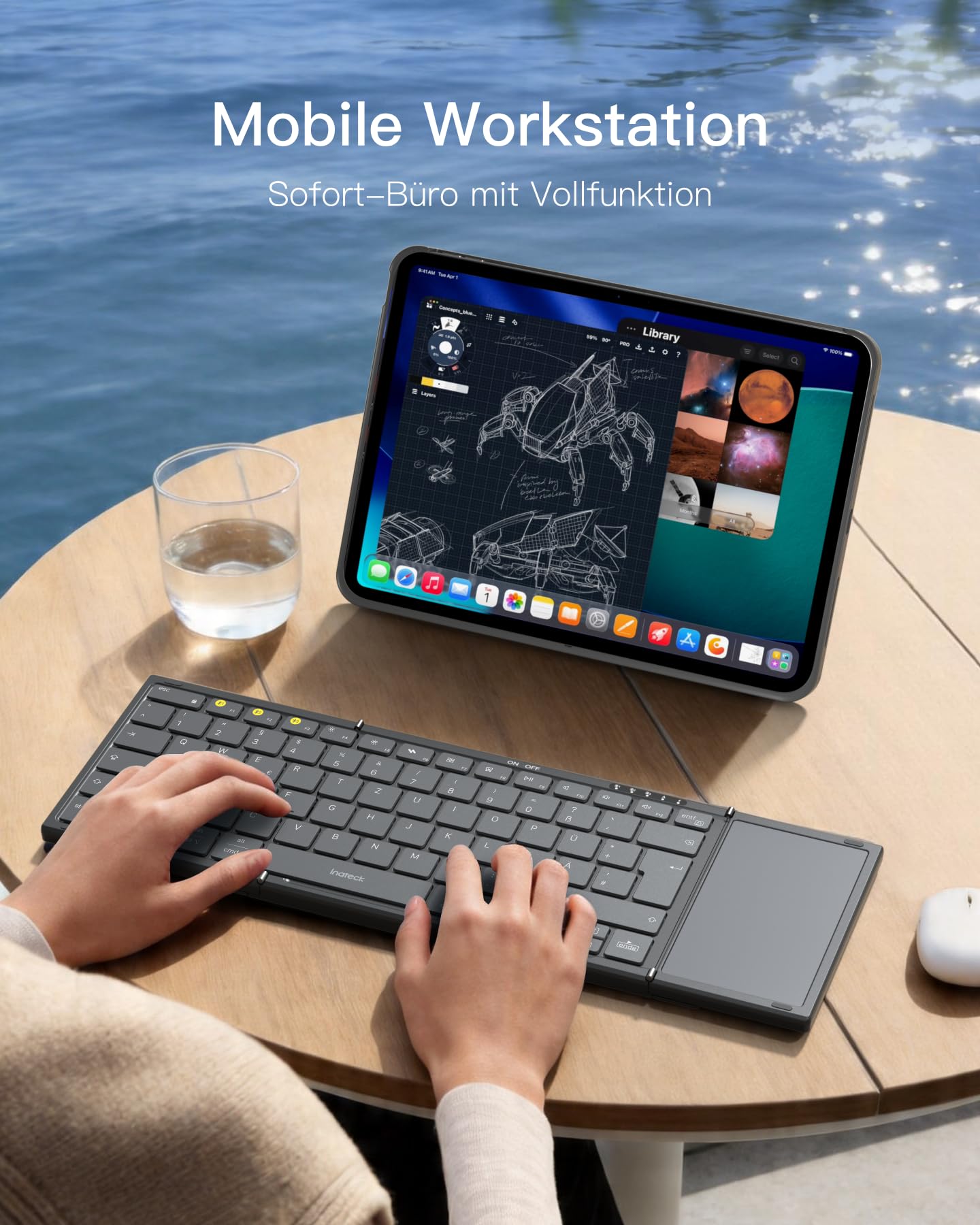 Inateck Faltbare Mini Tastatur, KI-Funktion mit Touchpad,3 Bluetooth-Kanälen, kompatibel mit iPadOS Android, Windows, QWERTZ, KB604
