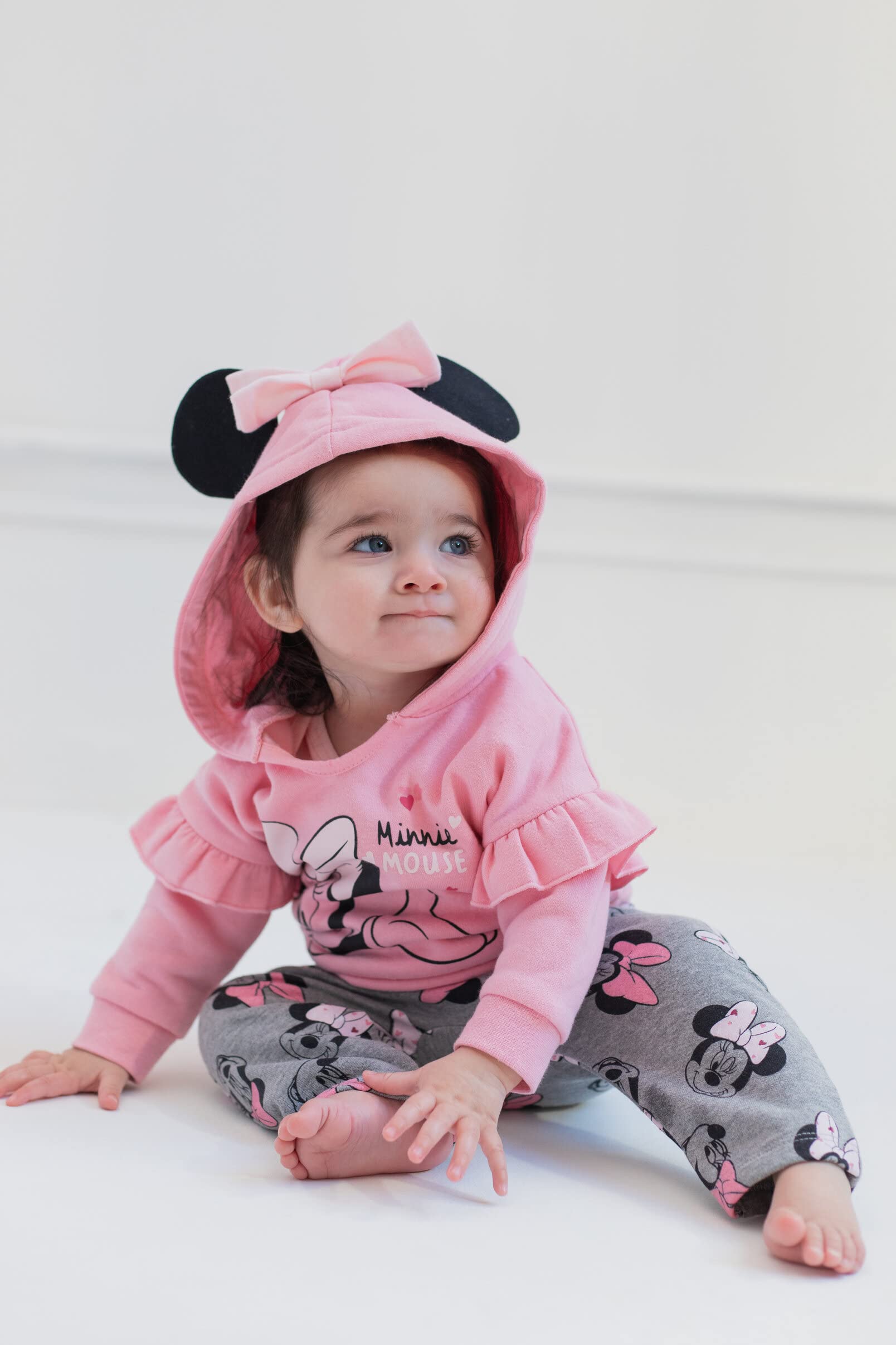 Disney Minnie Mouse Infant Baby Boys or Girls 3 Piece Outfit Set: Pants Bodysuit Hoodie Grey/Pink 12 Months