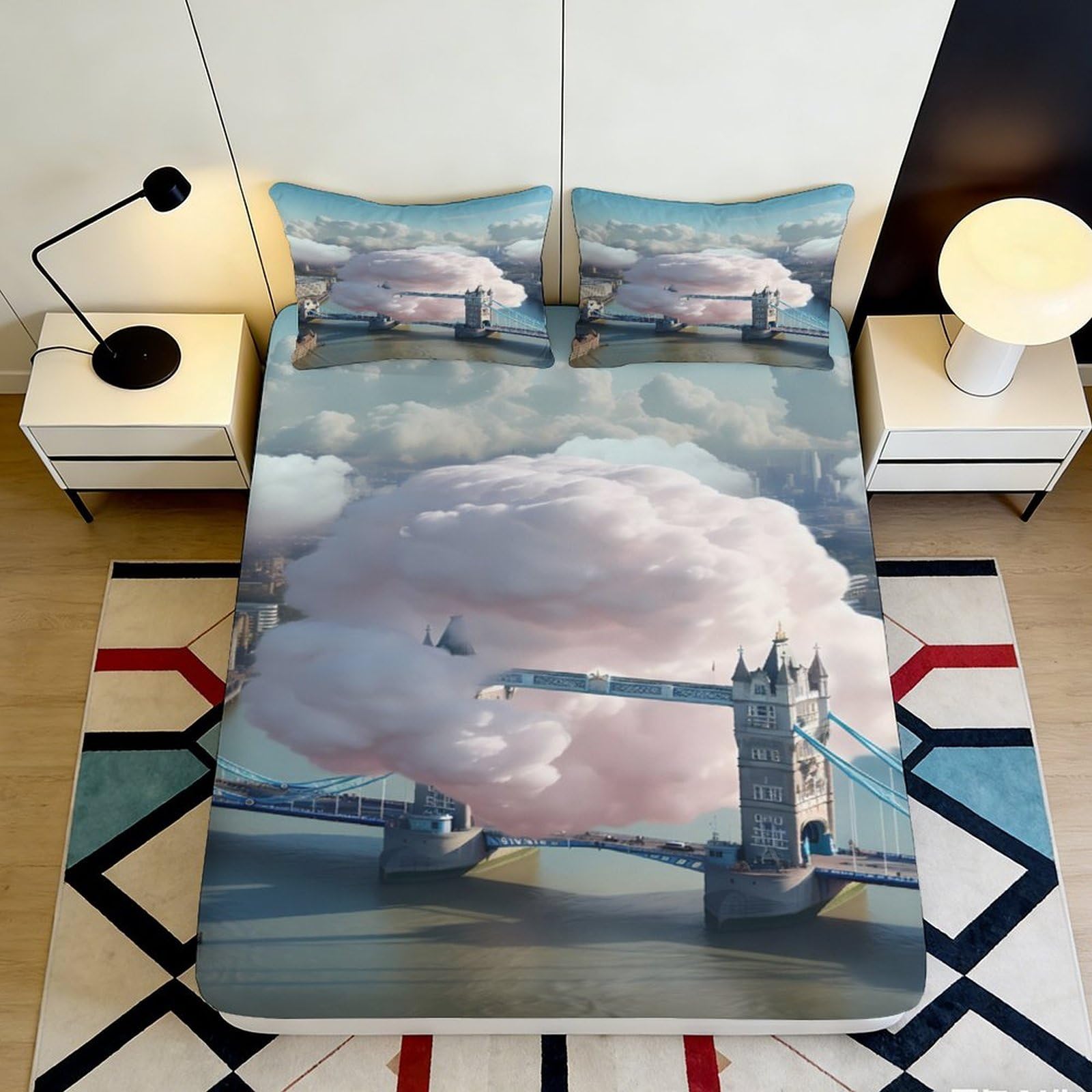 3D Printed cloud and tower bridge Fitted Sheet, Soft Microfiber, wrinkle resistant, home decor, bed cover for bedroom or guest room, stylish apartment bedding, easy care, 160x200x25cm