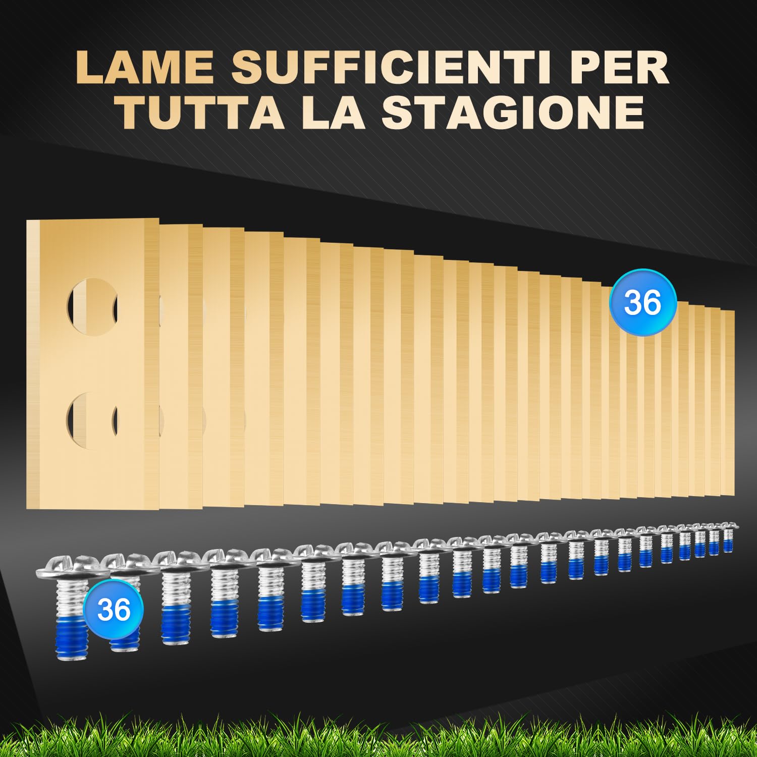 Set di 36 lame compatibili con TUTTI i robot rasaerba Worx Landroid, LandXcape, Einhell, Eufy, TerraMow, ECOVACS, coltelli di ricambio durevoli in titanio, comprese viti con rivestimento di sicurezza