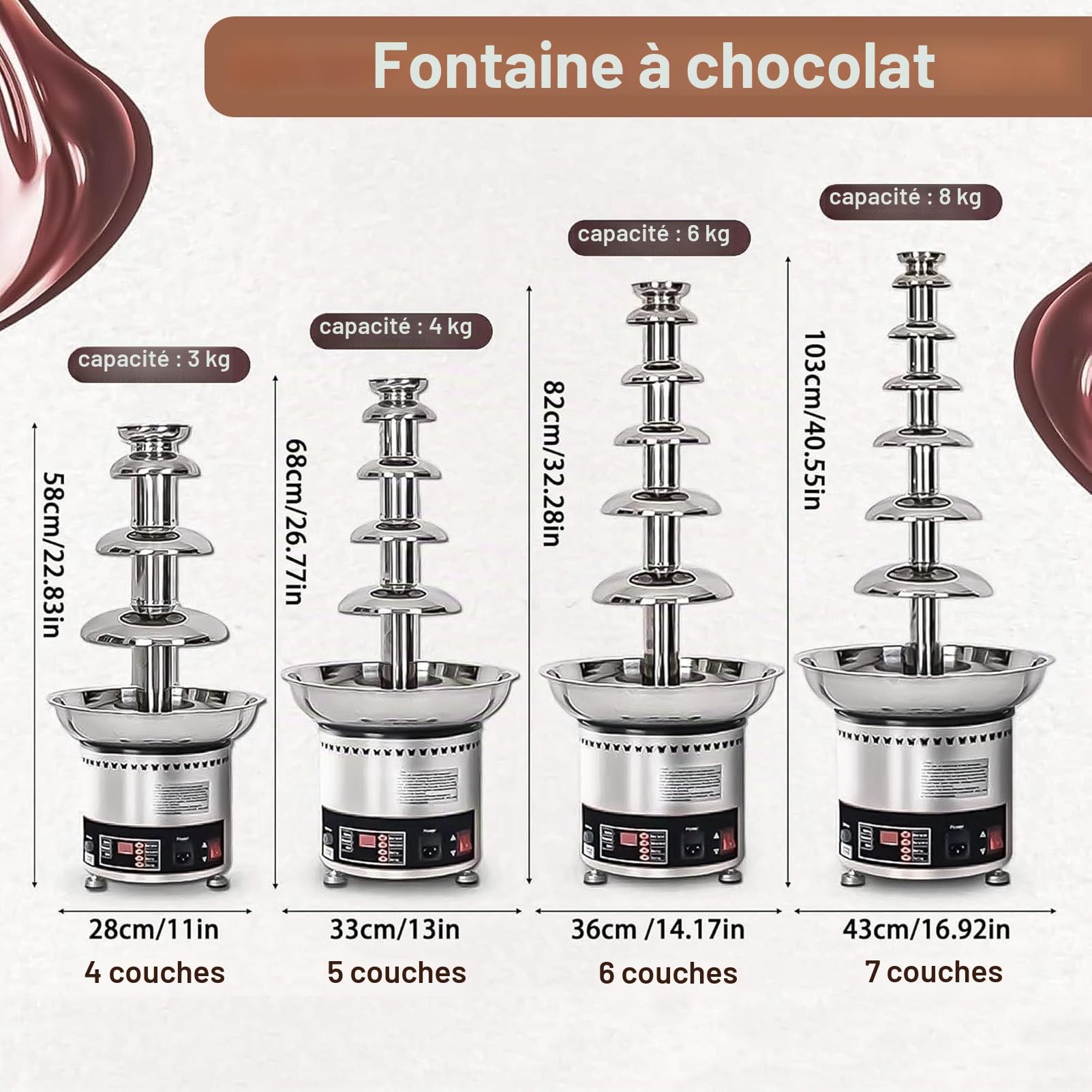 Machine à Fondue au Chocolat Professionnelle avec température réglable, Fait Fondre Chocolat, Bonbons, Beurre, Fromage, idéale pour Les fêtes, Mariages et Anniversaires. 6layers