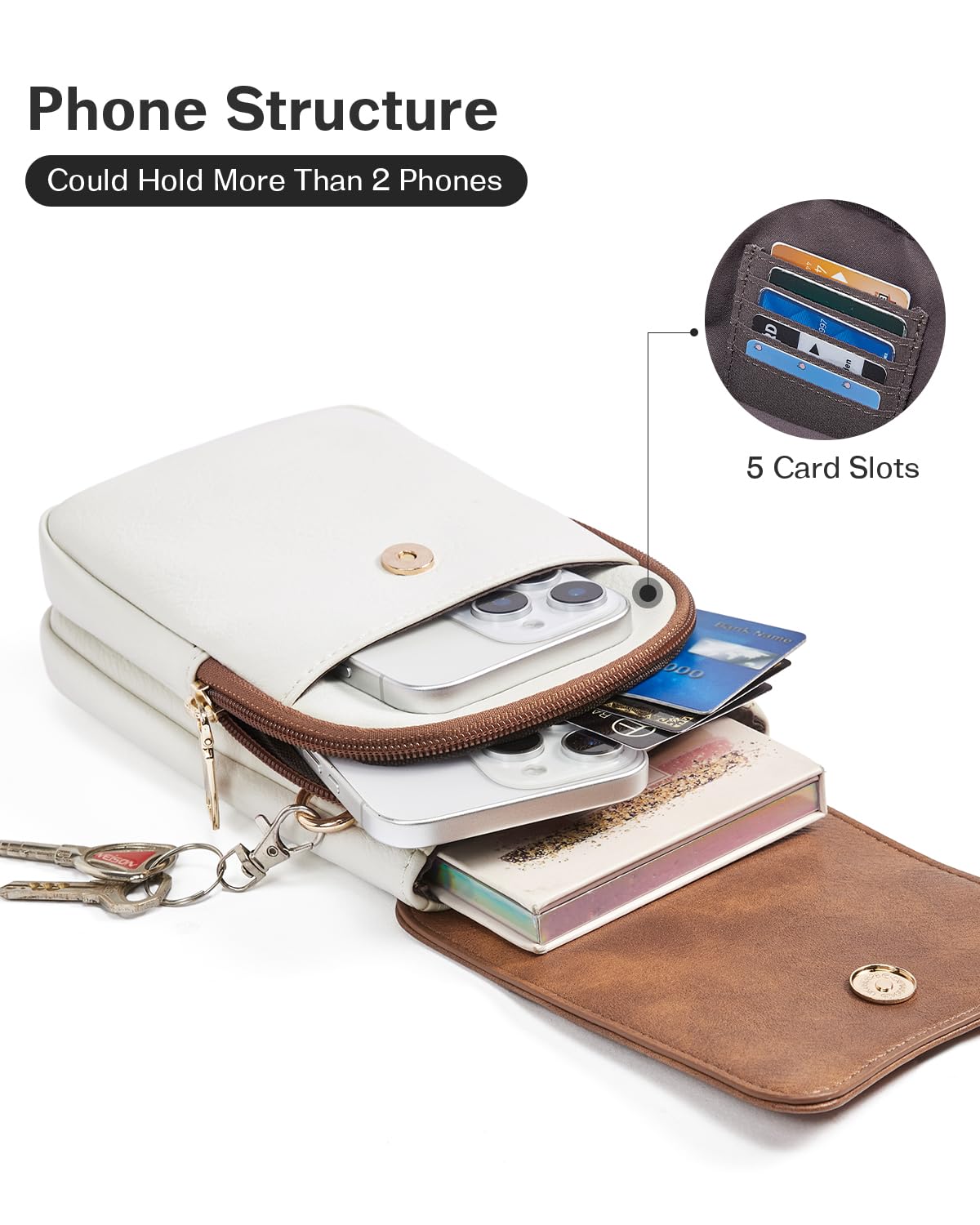 Bolso cruzado pequeño para teléfono celular, bolso cruzado para mujer, cartera de viaje de cuero, bolsos de hombro con ranuras para tarjetas, marrón y blanco, Bolso cruzado para teléfono 3