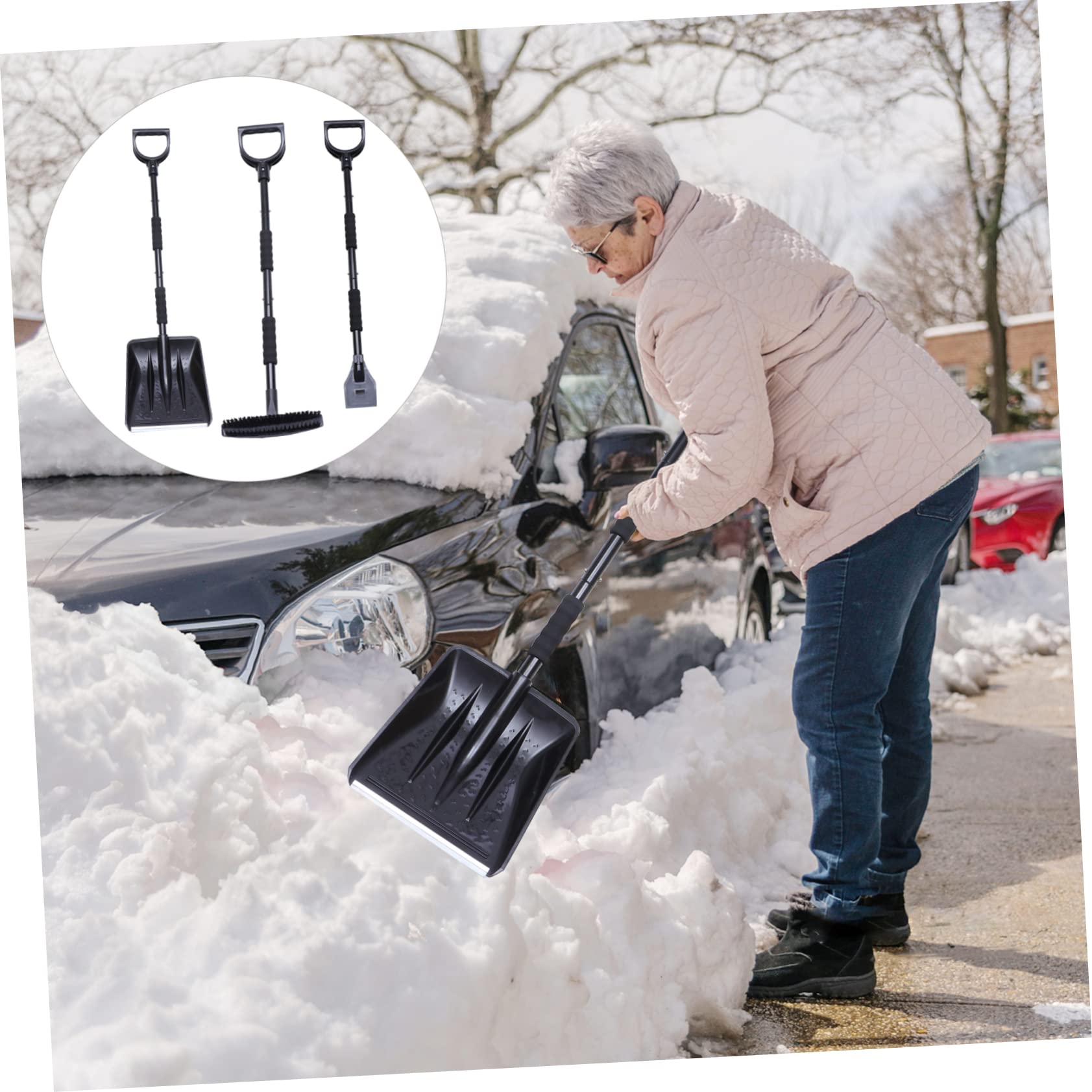 POPETPOP Kit Quitanieves para Coche de 3 Piezas Varilla de Tres Secciones | Negro, Hierro, 1 Set, para Parabrisas y Uso Invernal, Desmontable y Extensible