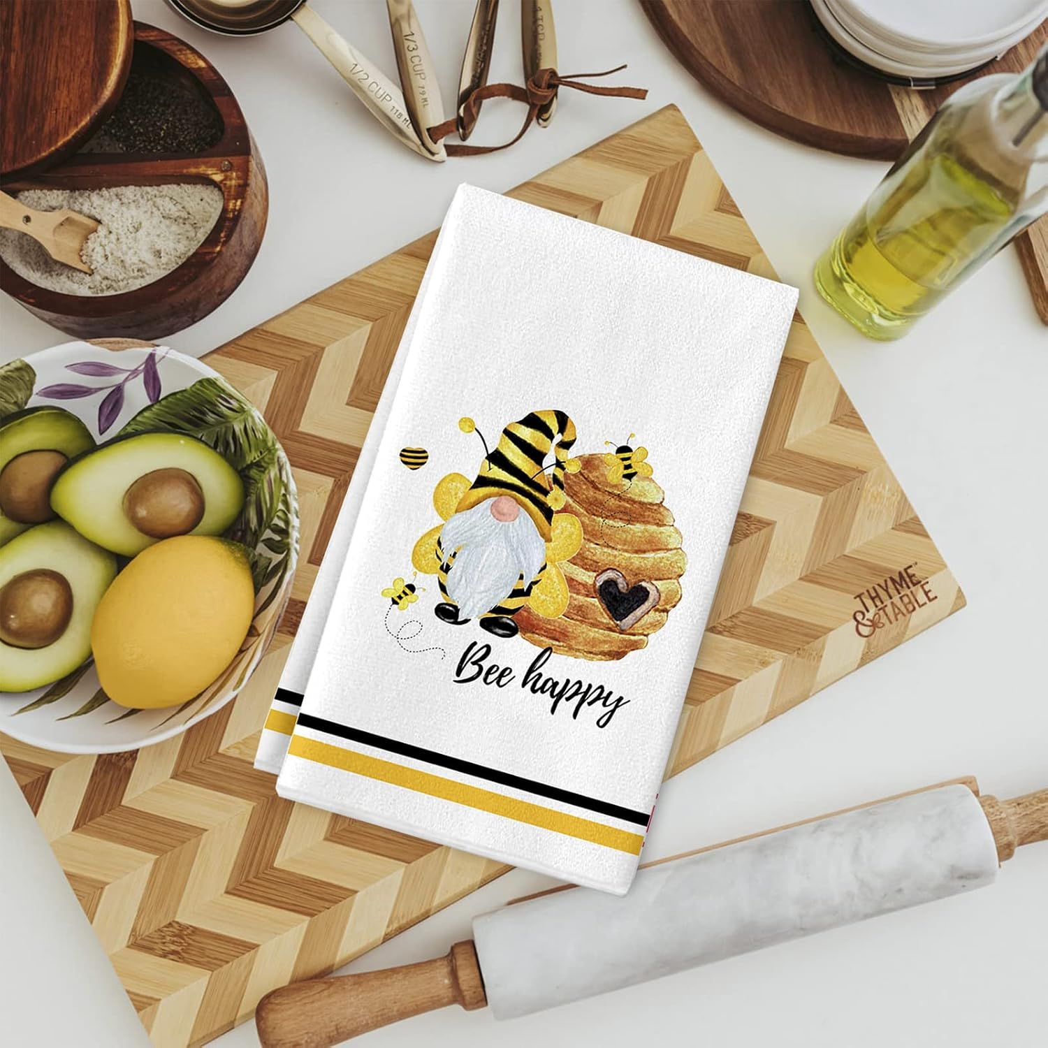 Lebsitey Bee Gnome Kitchen Towels, 2 Pack Cute Gnomes Bee Happy Be Blessed Absorbent Drying Tea Dish Towel for Cooking Baking, 18 x 28 Inch (Bee Towel)